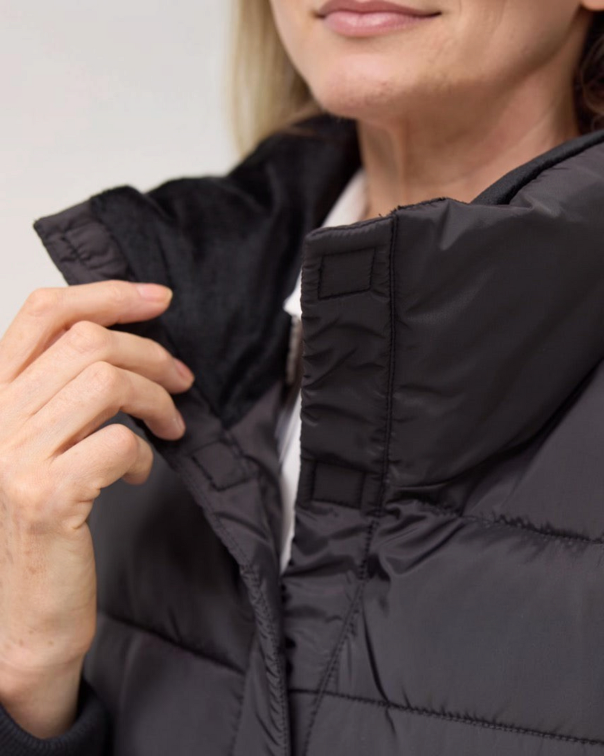 Weldun Weatherproof x MagnaReady black puffer jacket with magnetic front closure and soft velboa collar lining