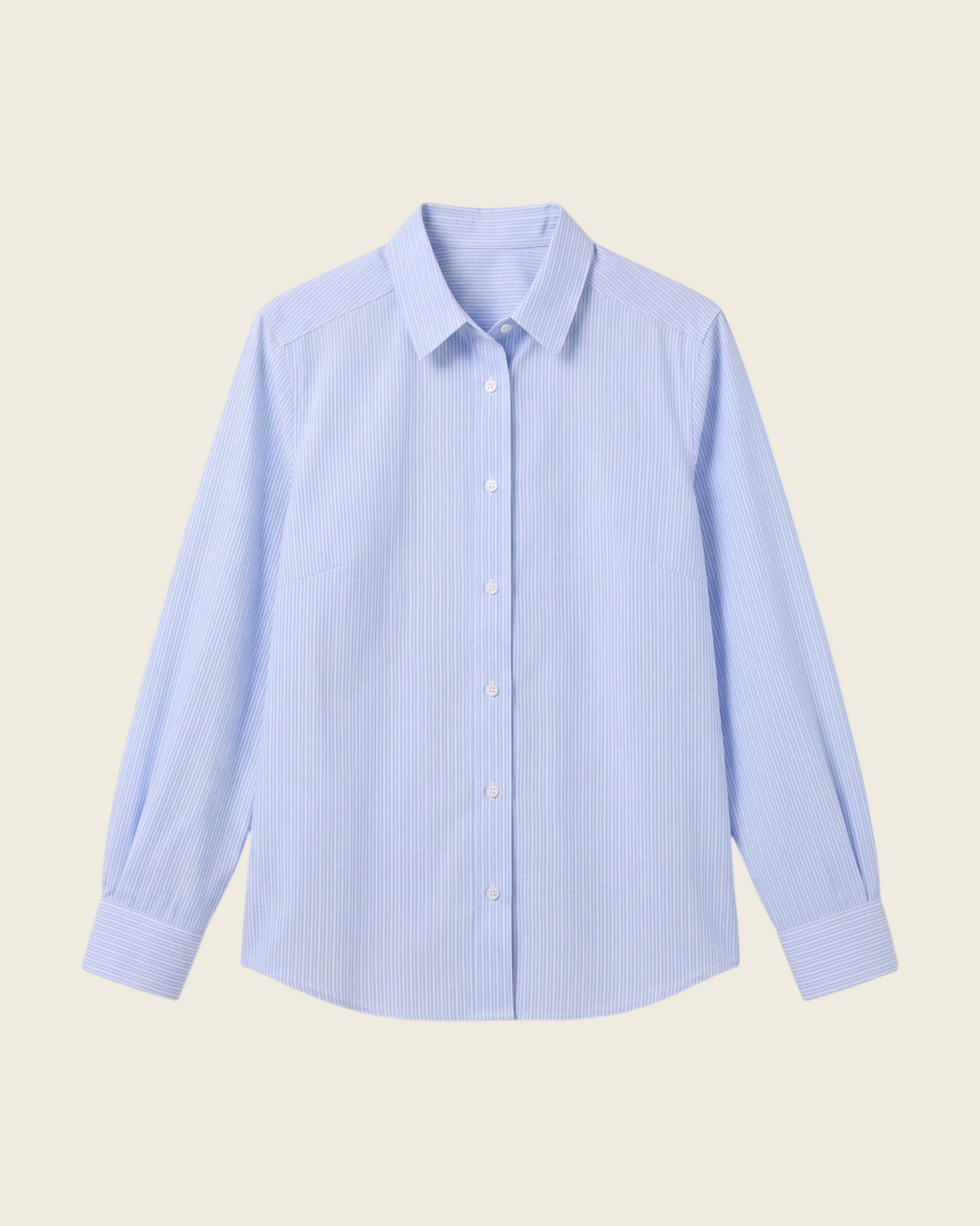 Weldun blue and white striped cotton blouse with magnetic closures, band collar, and long sleeves.