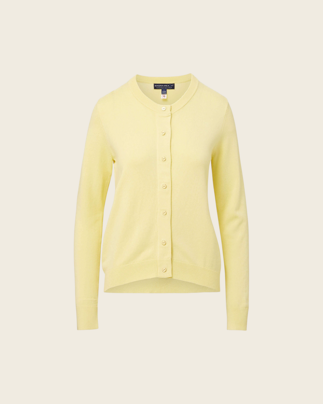 Weldun yellow adaptive knit cardigan with hidden magnetic front closures and faux buttons for easy dressing.