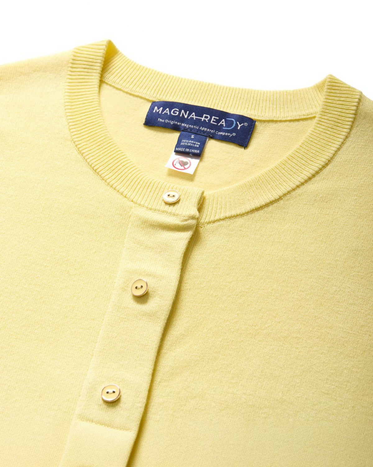 Weldun MagnaReady yellow knit cardigan featuring faux buttons with hidden magnetic closures for easy dressing.