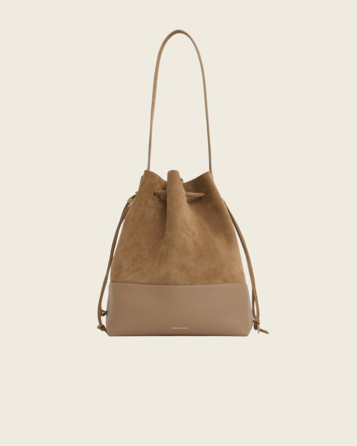 Weldun Mansur Gavriel Drawstring Cabas bucket bag in anise suede and leather with long shoulder straps