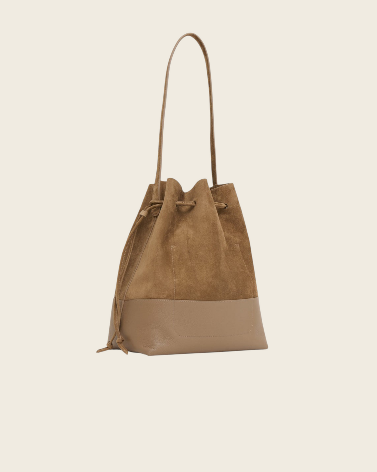 Weldun Mansur Gavriel Drawstring Cabas bucket bag in anise suede with sleek top handles and slouchy silhouette.