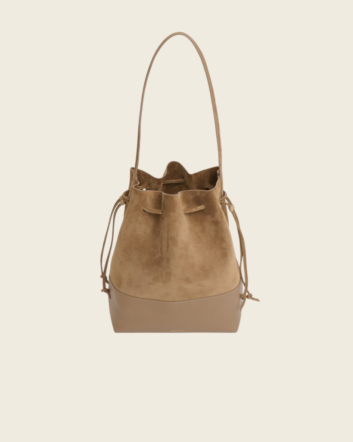 Weldun Drawstring Cabas bucket bag in anise suede and leather with long shoulder straps on a white background