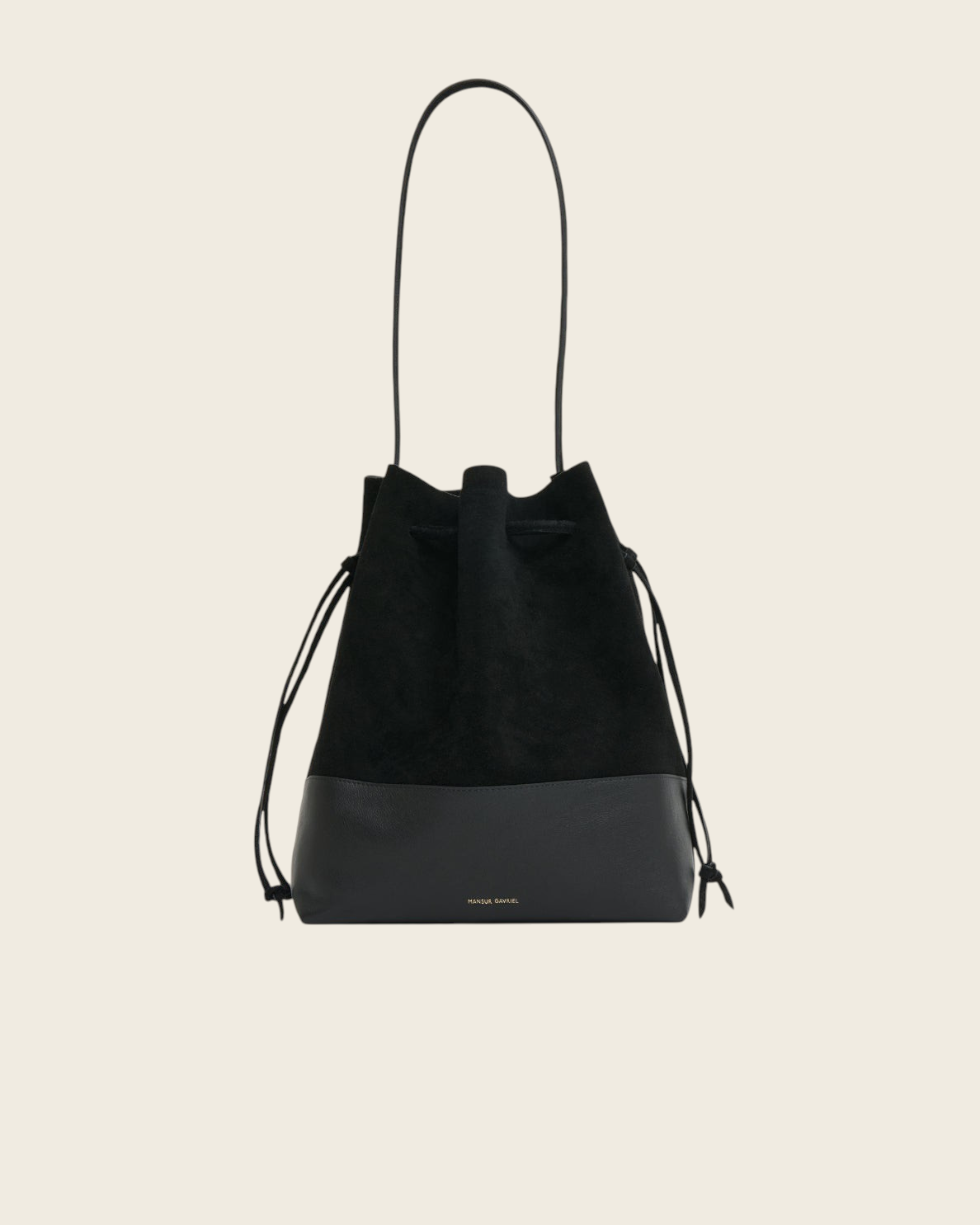 Weldun Mansur Gavriel black suede and leather drawstring bucket bag with long shoulder straps