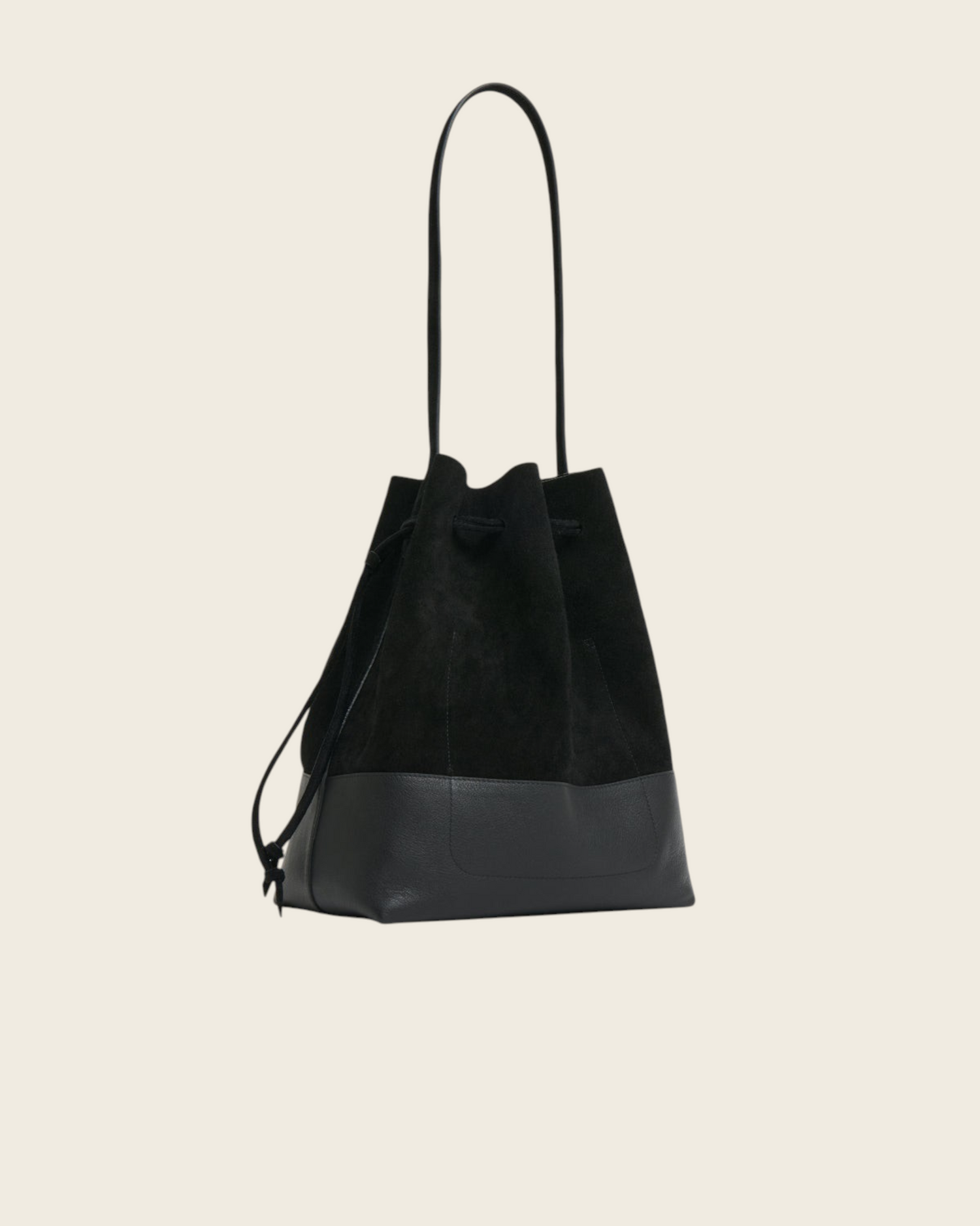 Weldun black suede and leather drawstring bucket bag with long shoulder straps and slouchy silhouette