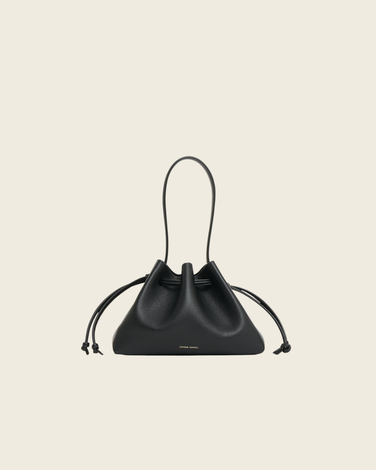 Weldun Mansur Gavriel black Italian leather drawstring pouchette with a structured top handle