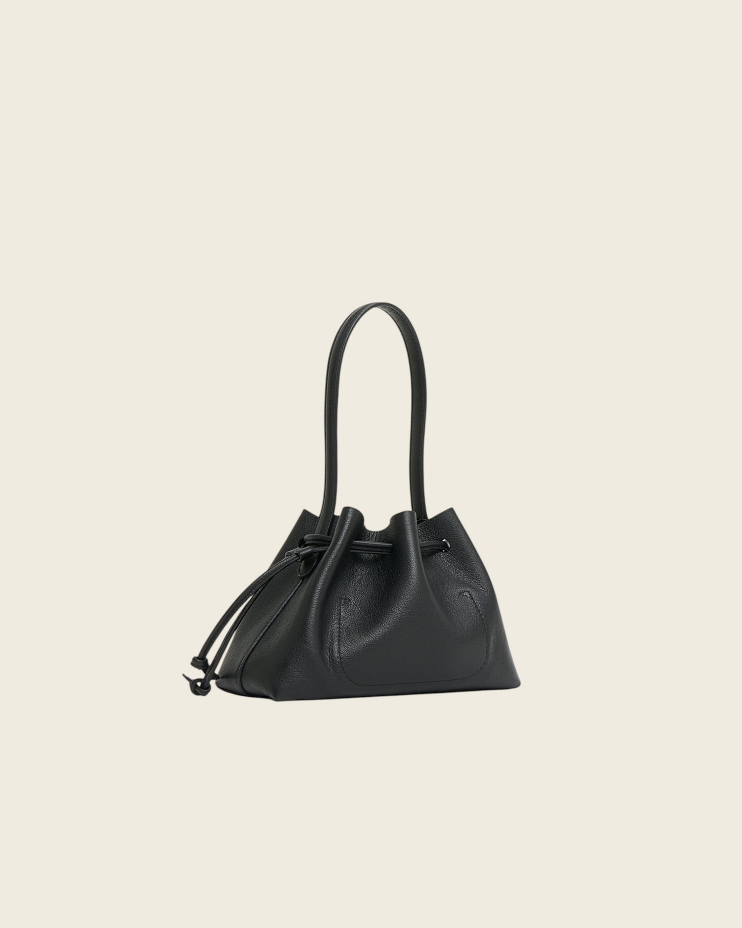 Weldun black Italian leather drawstring pouchette handbag with a structured top handle and minimalist design.