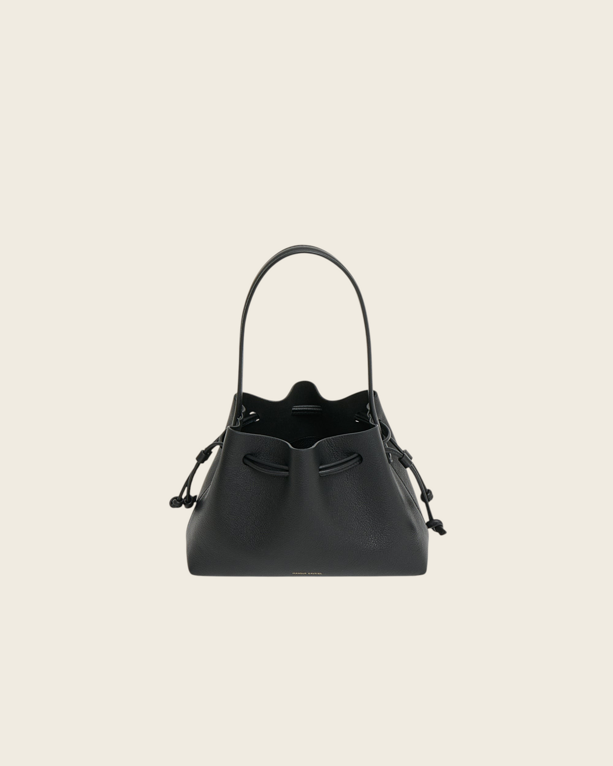 Weldun Mansur Gavriel black Italian leather drawstring pouchette with a structured top handle on a white background