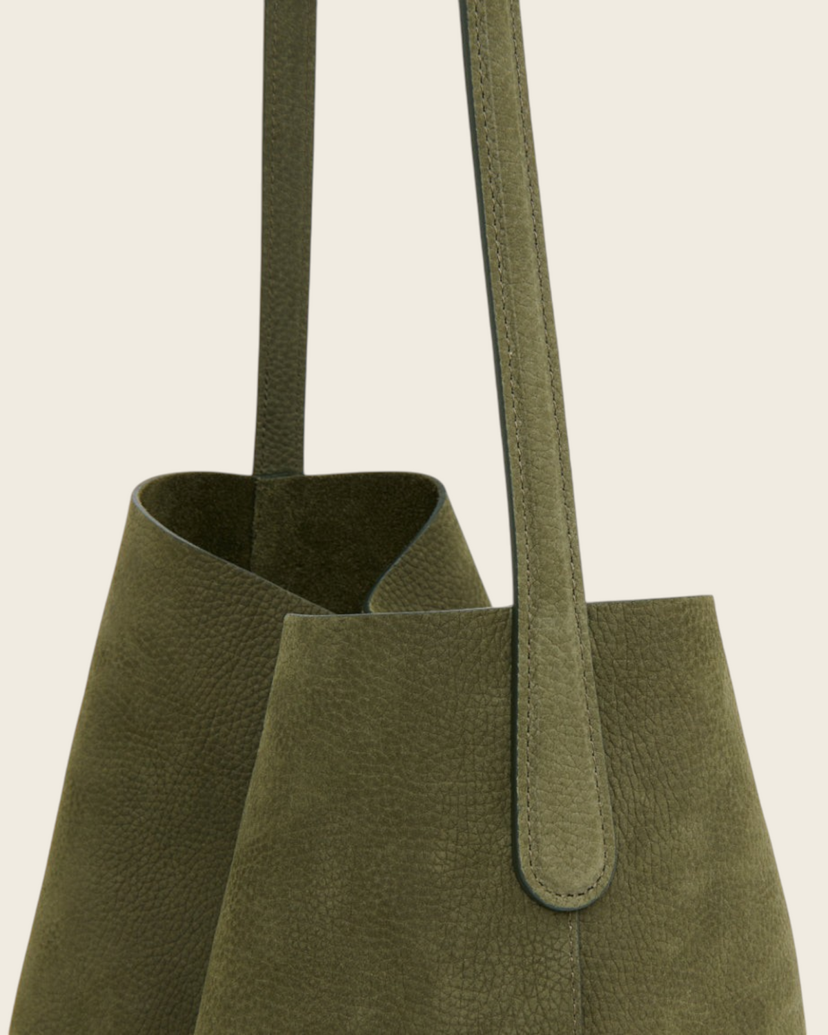 Weldun Everyday Cabas tote bag in algae green pebbled nubuck leather with long shoulder straps and slouchy design