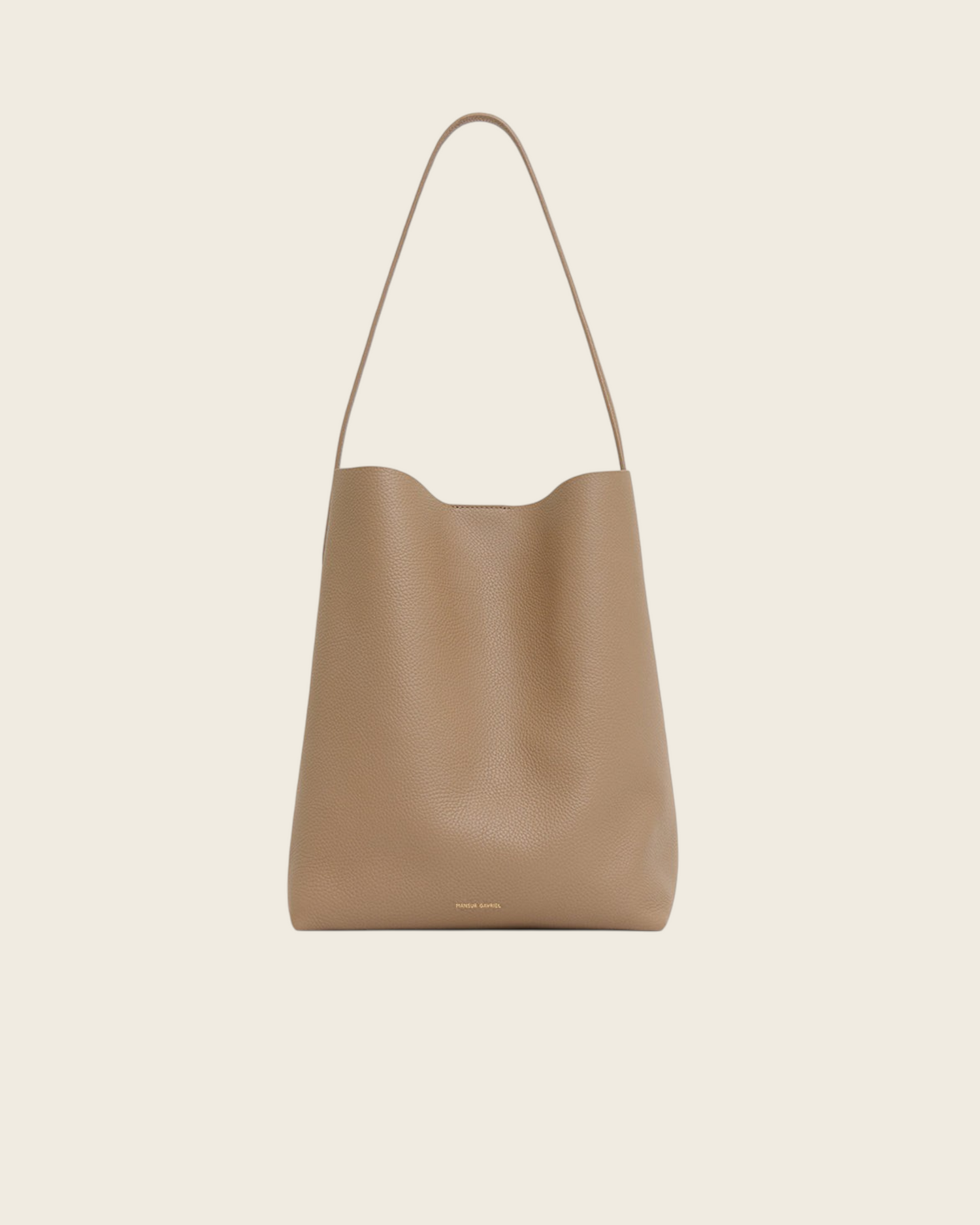 Weldun Mansur Gavriel Everyday Cabas tote bag in anise beige leather with long shoulder straps and magnetic closure.