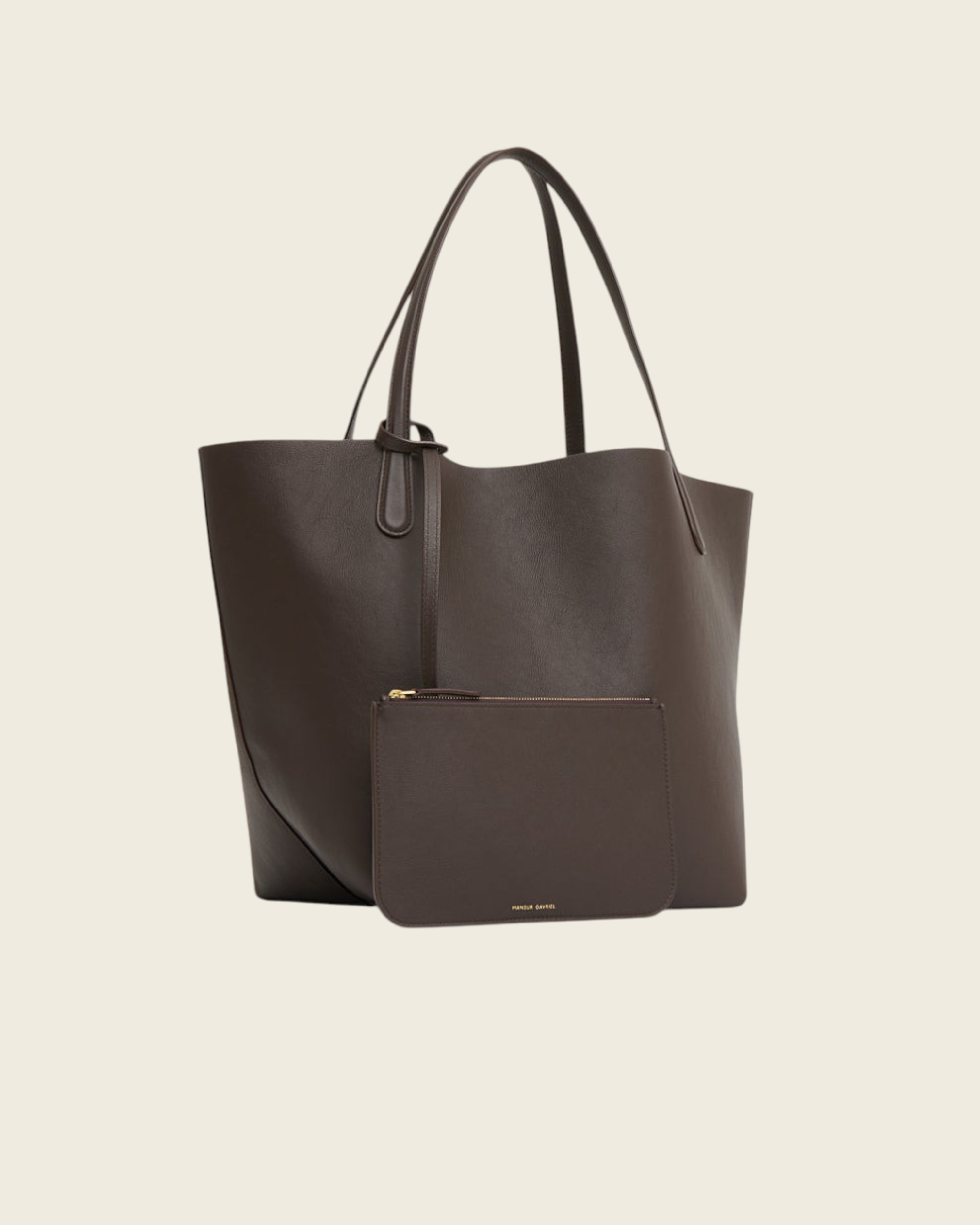 Weldun Mansur Gavriel Everyday Soft Tote in ebony brown Italian calf leather with matching detachable pouch.