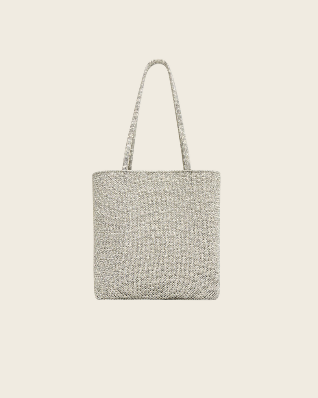 Weldun Mansur Gavriel Knit Filo Tote in shimmering silver metallic knit with elongated shoulder straps.