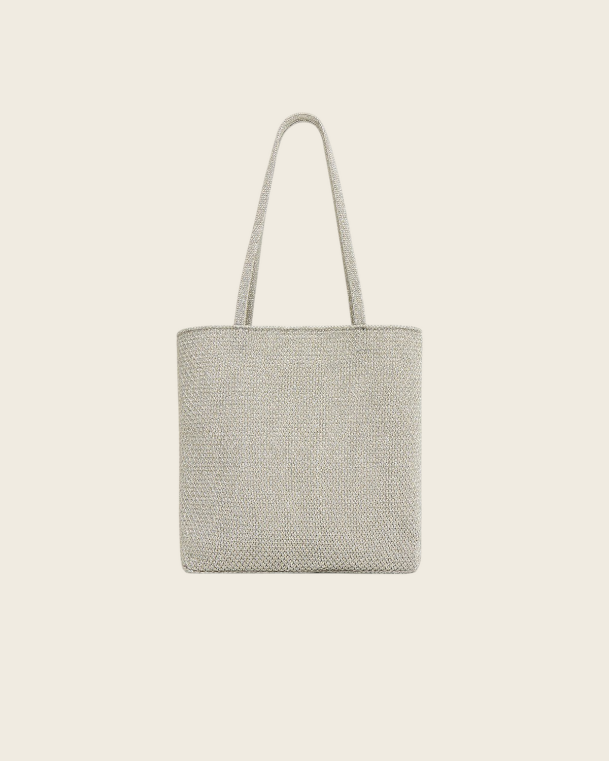 Weldun Mansur Gavriel Knit Filo Tote in shimmering silver metallic knit with elongated shoulder straps.