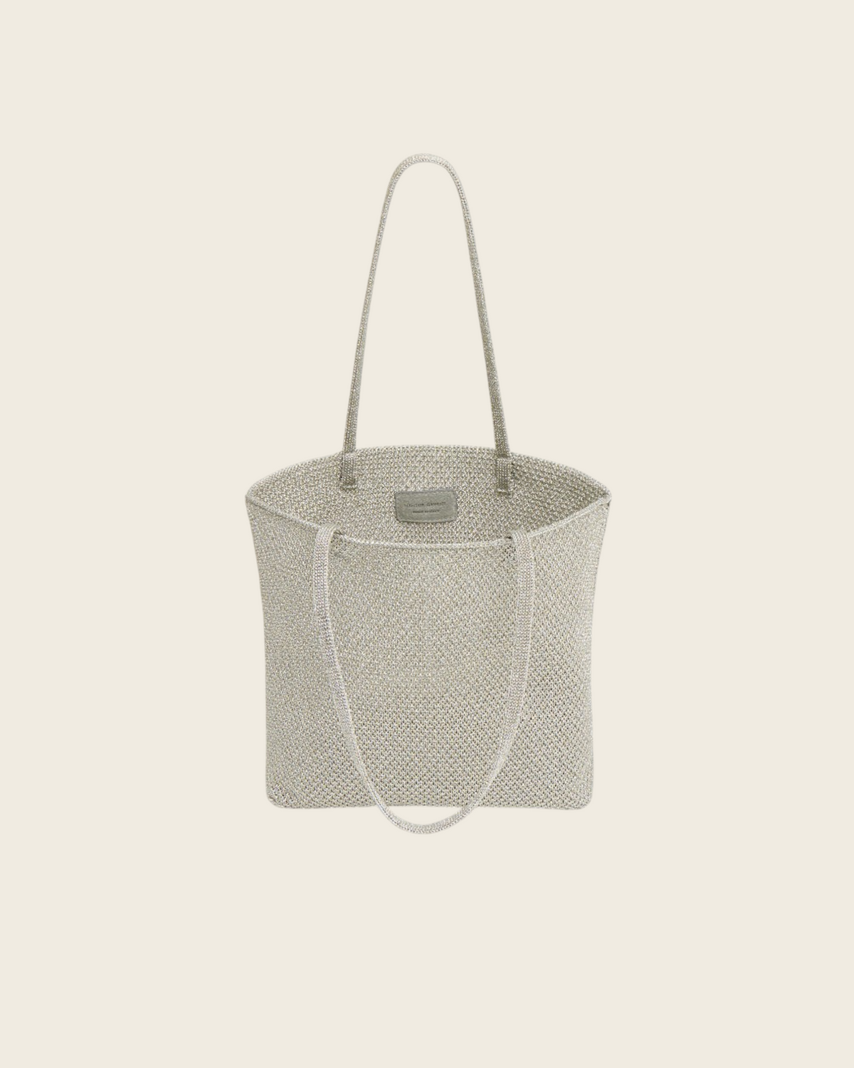 Weldun Mansur Gavriel Knit Filo Tote in shimmering silver metallic knit with long shoulder straps