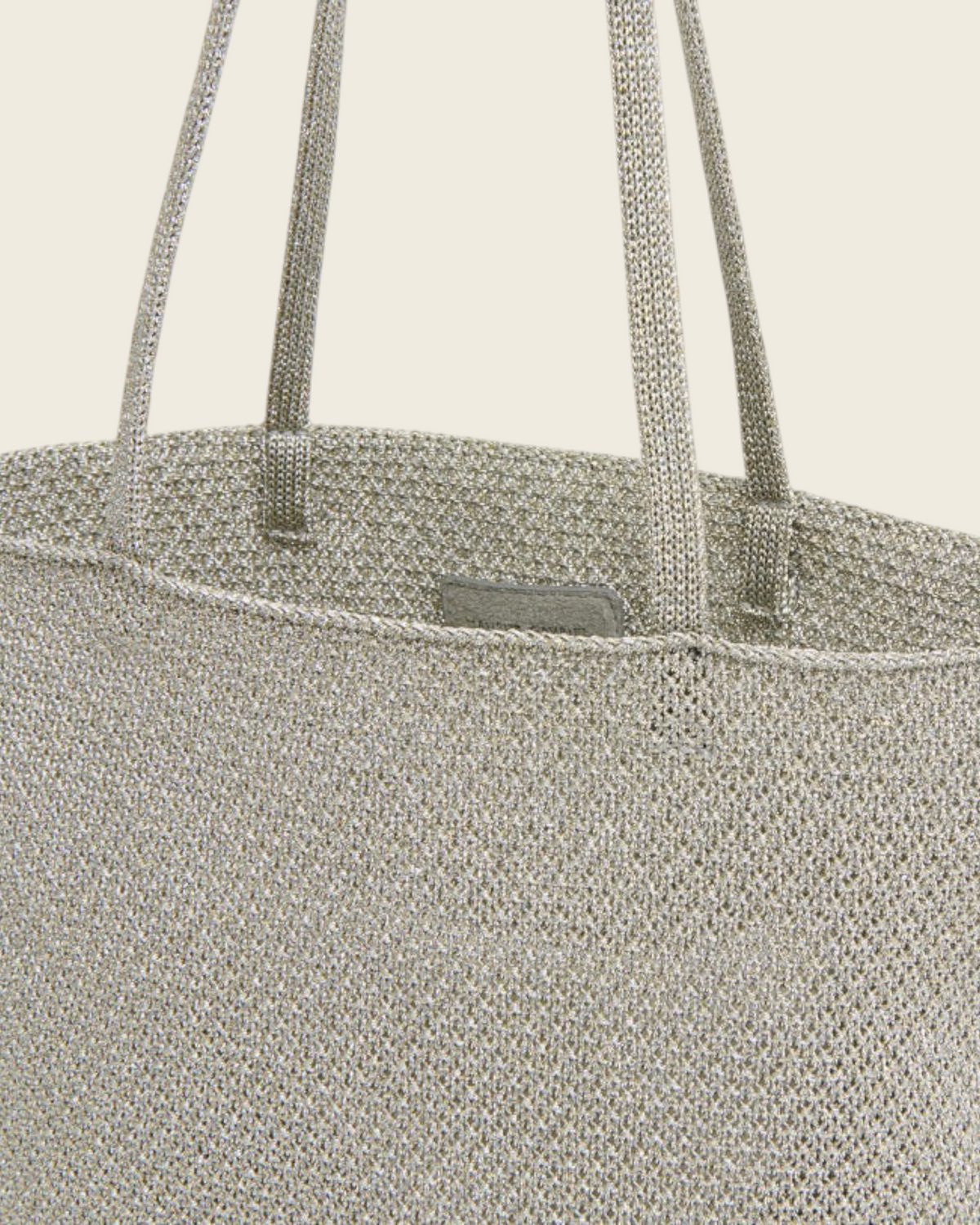 Weldun Mansur Gavriel Knit Filo Tote in shimmering silver metallic knit with comfortable shoulder straps