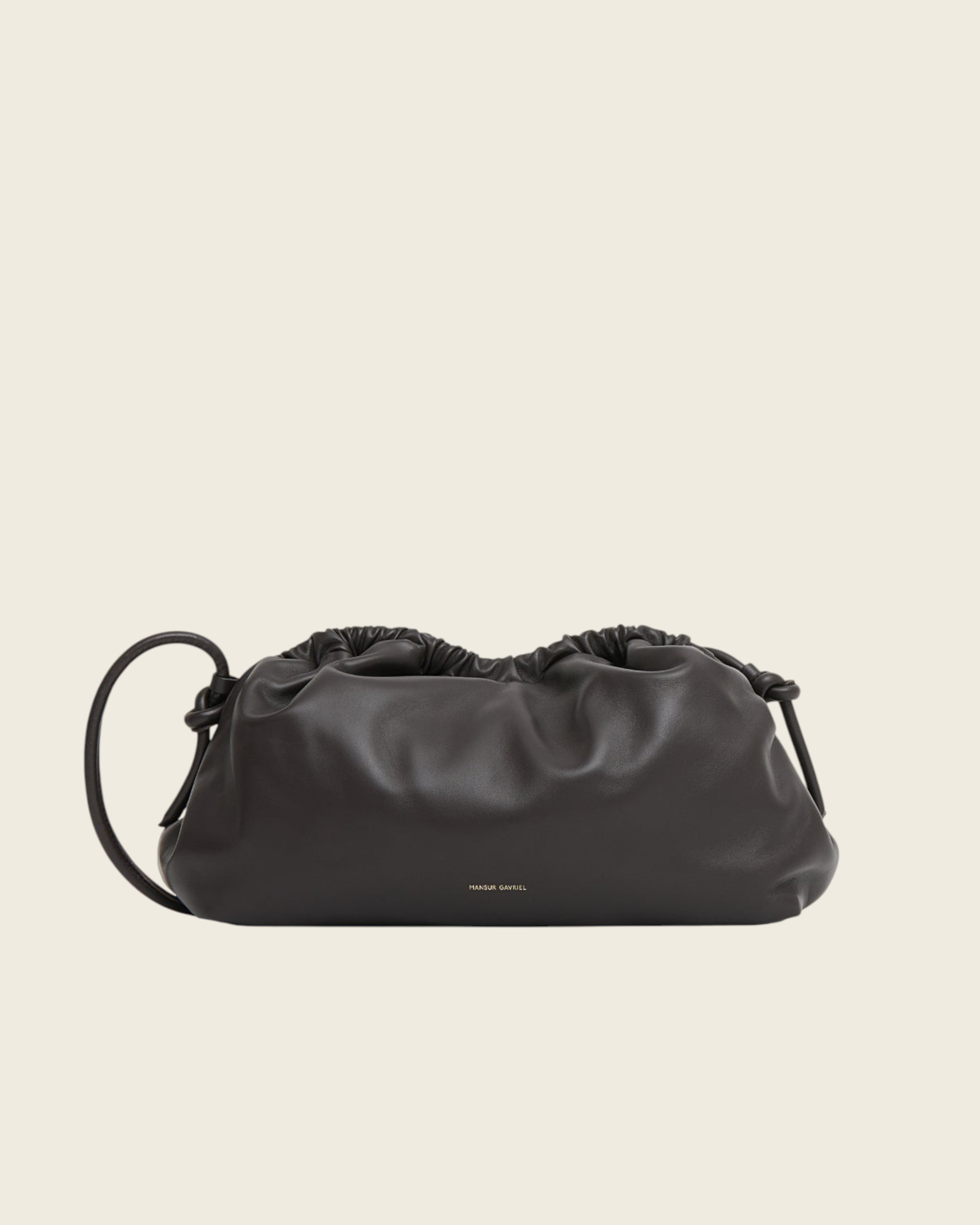 Weldun Mansur Gavriel Oversized Cloud Clutch in ebony brown soft Italian lambskin with a removable shoulder strap.