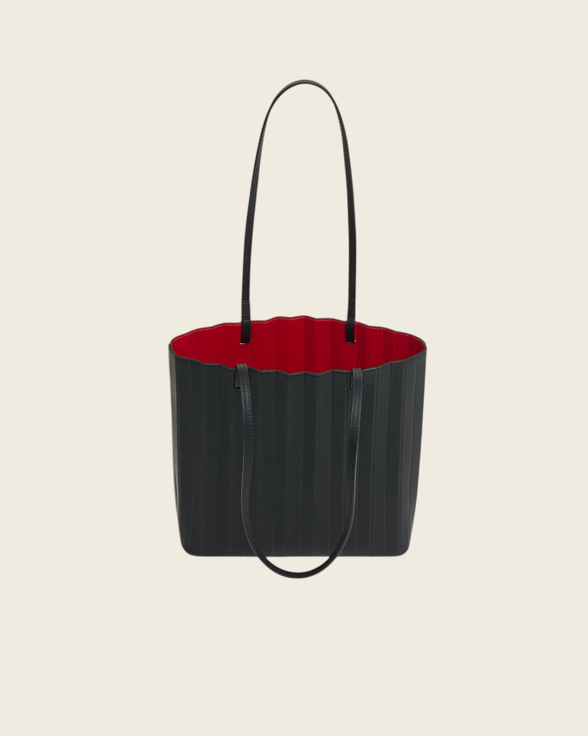 Weldun Mansur Gavriel black hand-pleated Italian leather tote bag with a vibrant red interior and shoulder straps.