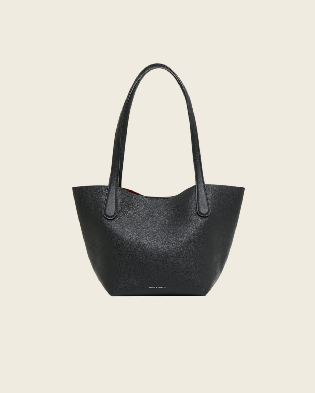Weldun Mansur Gavriel small black calf leather everyday tote bag with minimalist silhouette and Bombay handles