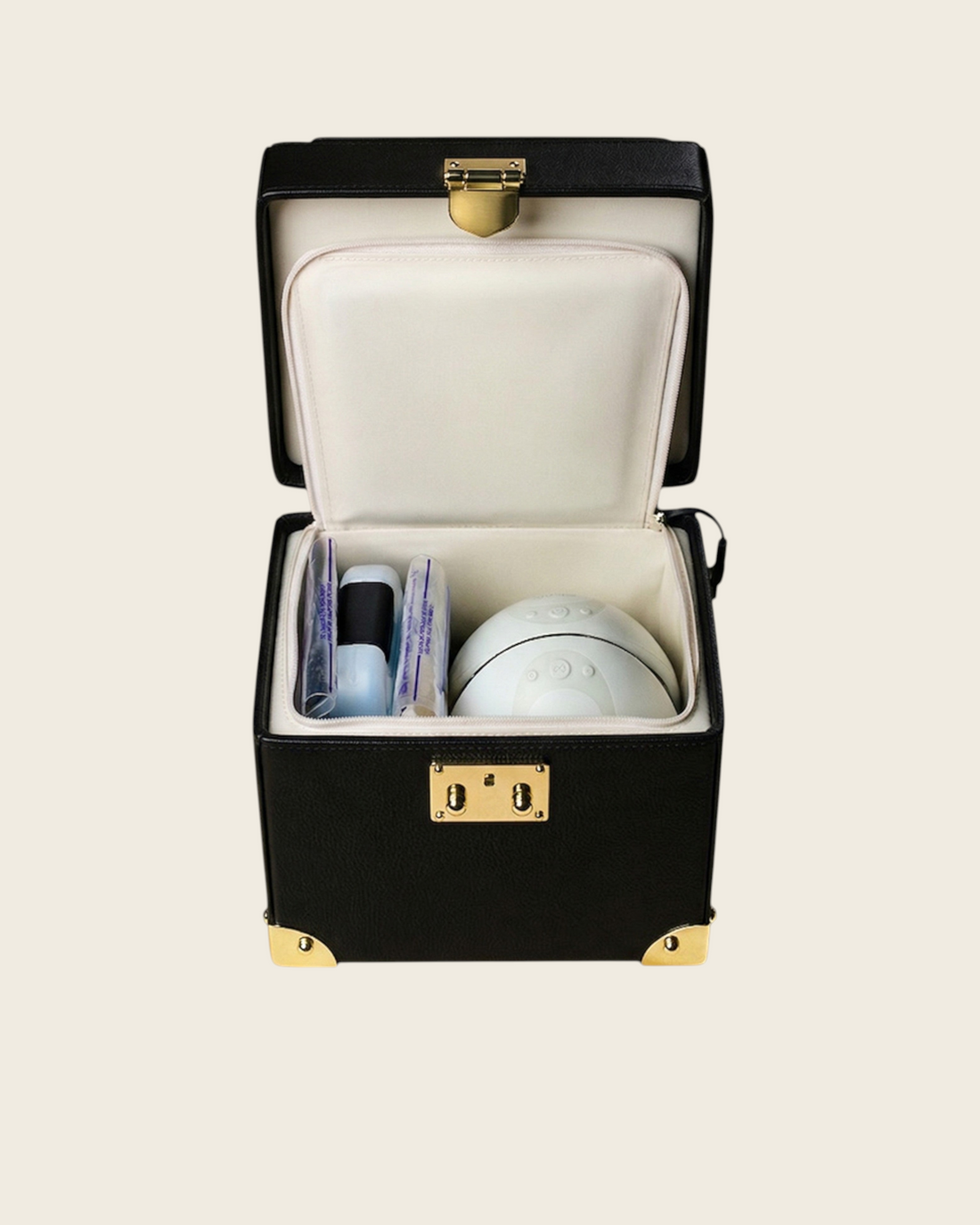Weldun Themis breastmilk cooler in black with gold hardware, featuring an open insulated compartment for pump storage.