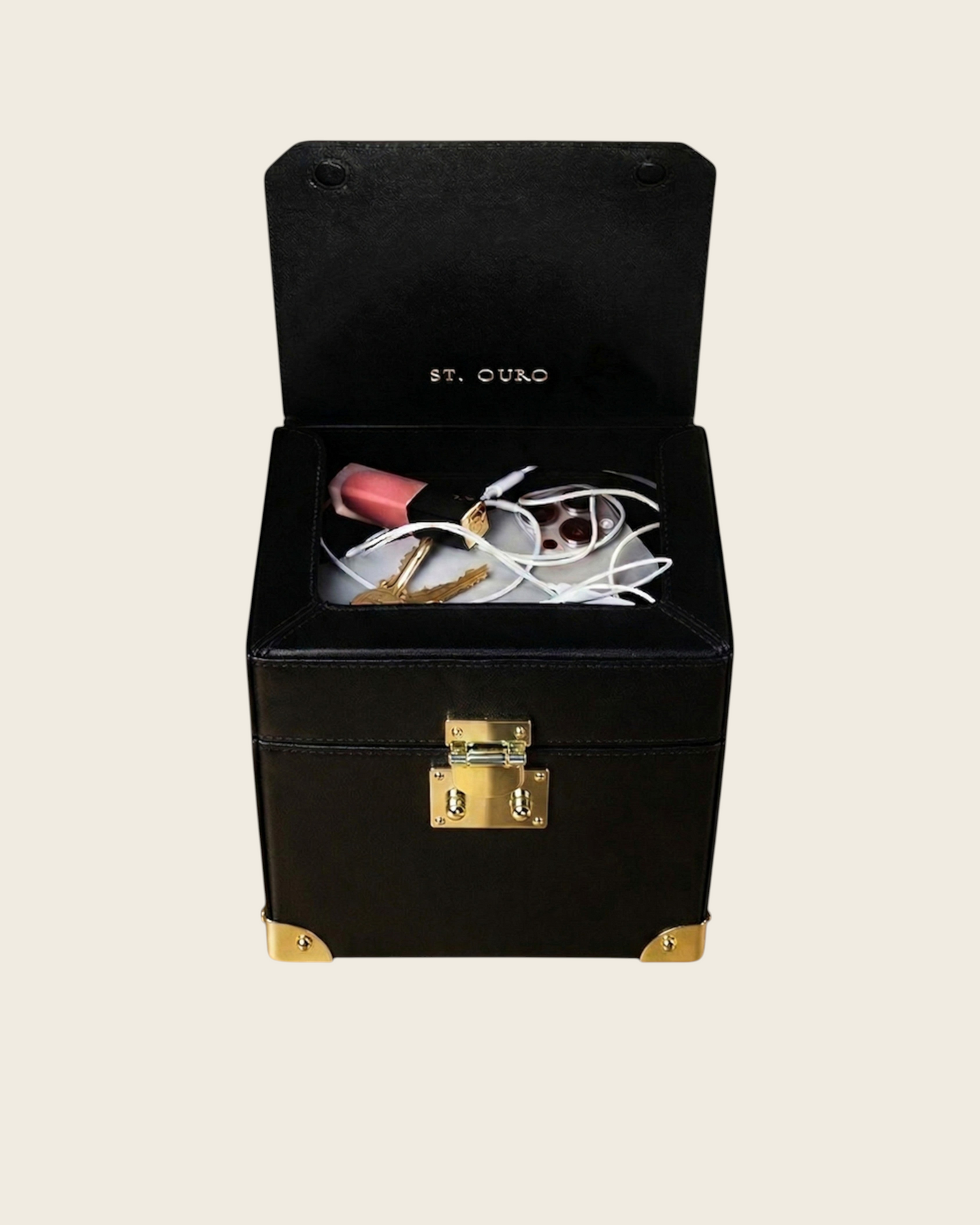 Weldun Themis breastmilk cooler handbag in black leather with gold hardware, showing the open top compartment.