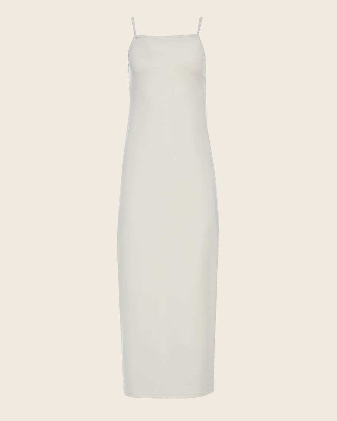 Weldun Alexandra maxi column dress in white with thin straps, square neckline, and soft stretch PYRATEX fabric.