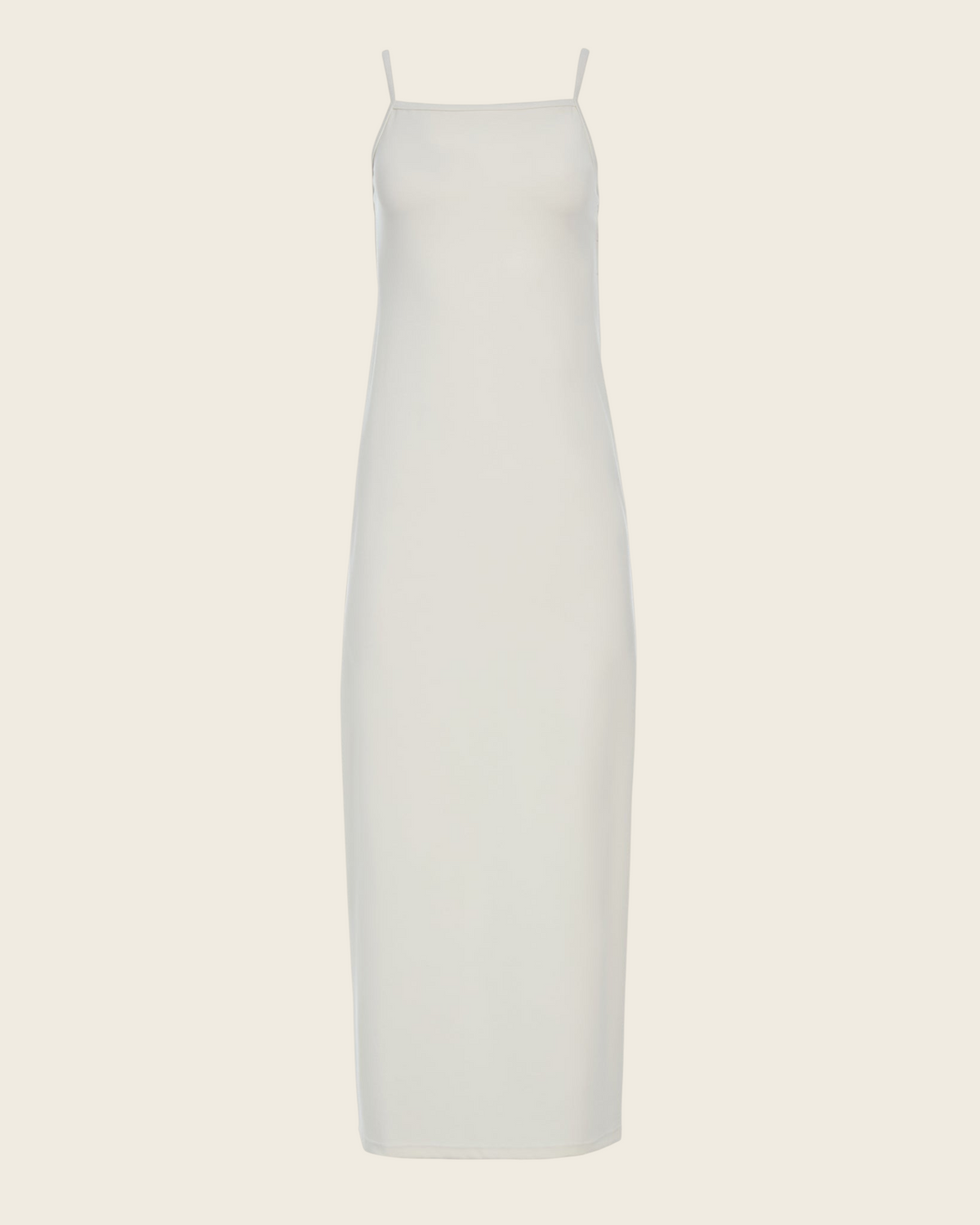 Weldun Alexandra maxi column dress in white with thin straps, square neckline, and soft stretch PYRATEX fabric.