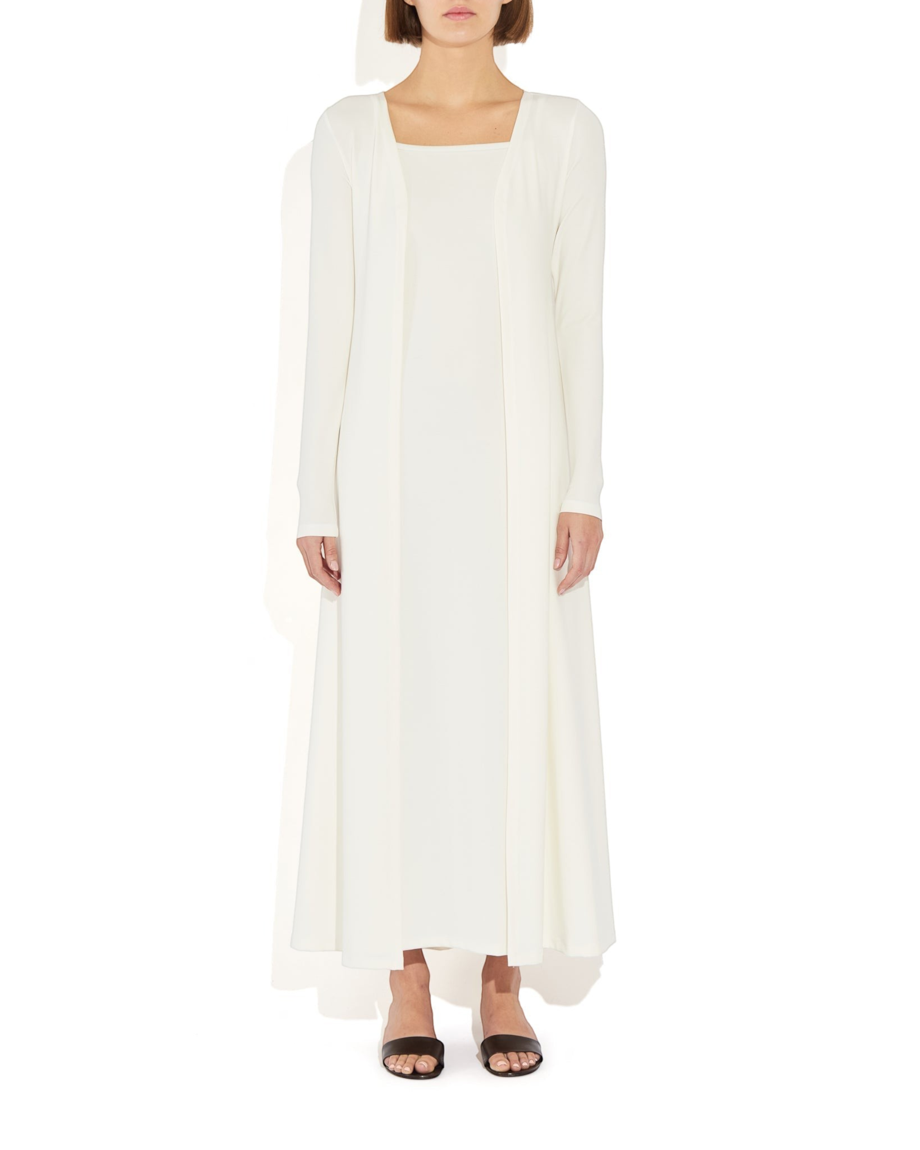 Weldun Alexandra dress in white, a long-sleeve maxi column dress with a square neckline and soft stretch fabric.