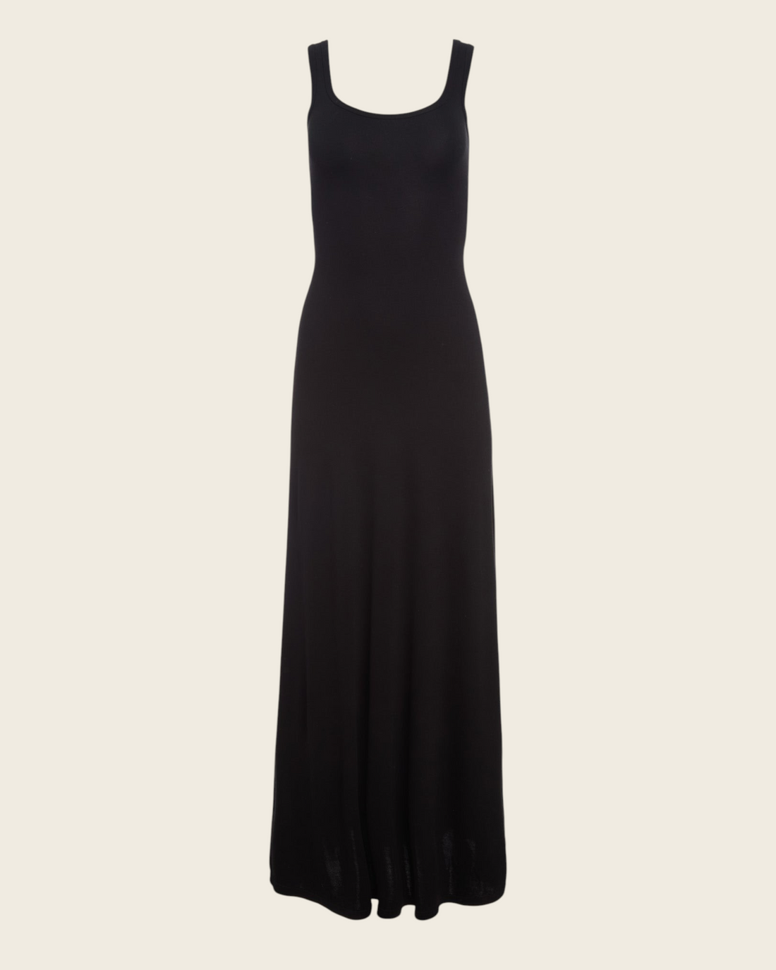 Weldun Annie maxi dress in black recycled cotton with a scoop neckline and fluid pull-on silhouette.