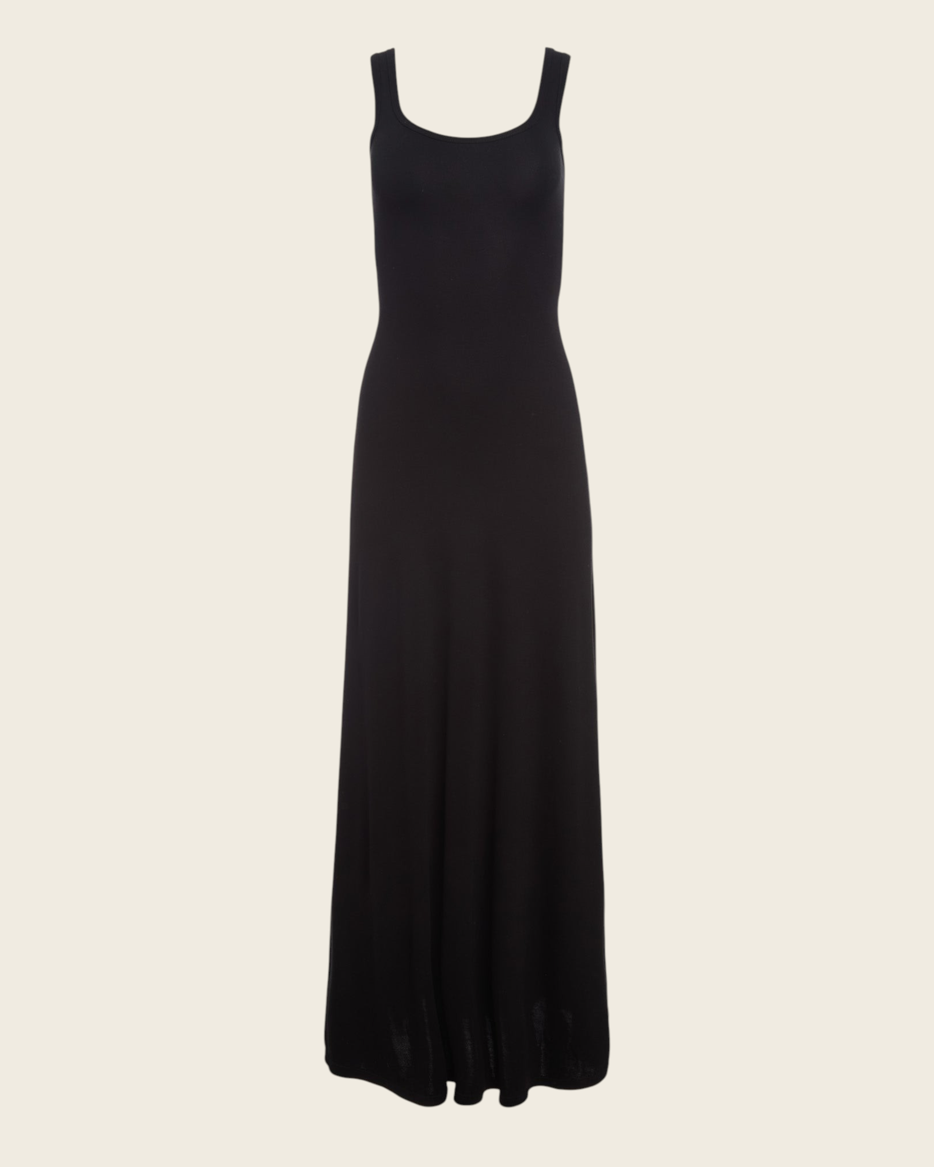 Weldun Annie maxi dress in black recycled cotton with a scoop neckline and fluid pull-on silhouette.