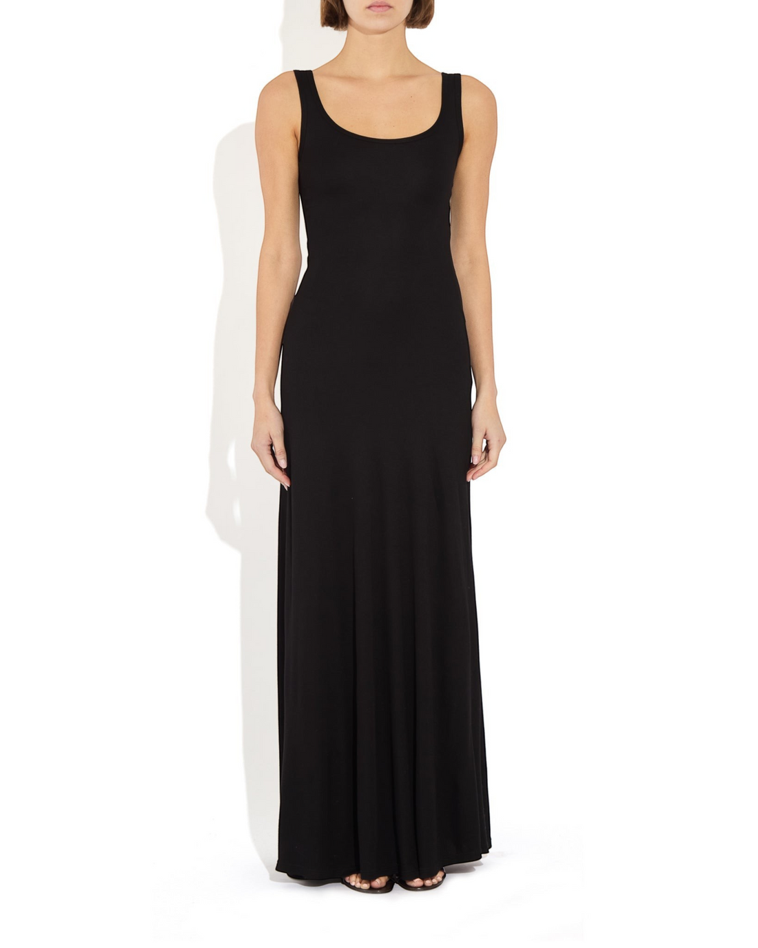 Weldun Annie Dress in black, a sleeveless maxi-length pull-on silhouette with a scoop neckline in recycled cotton.
