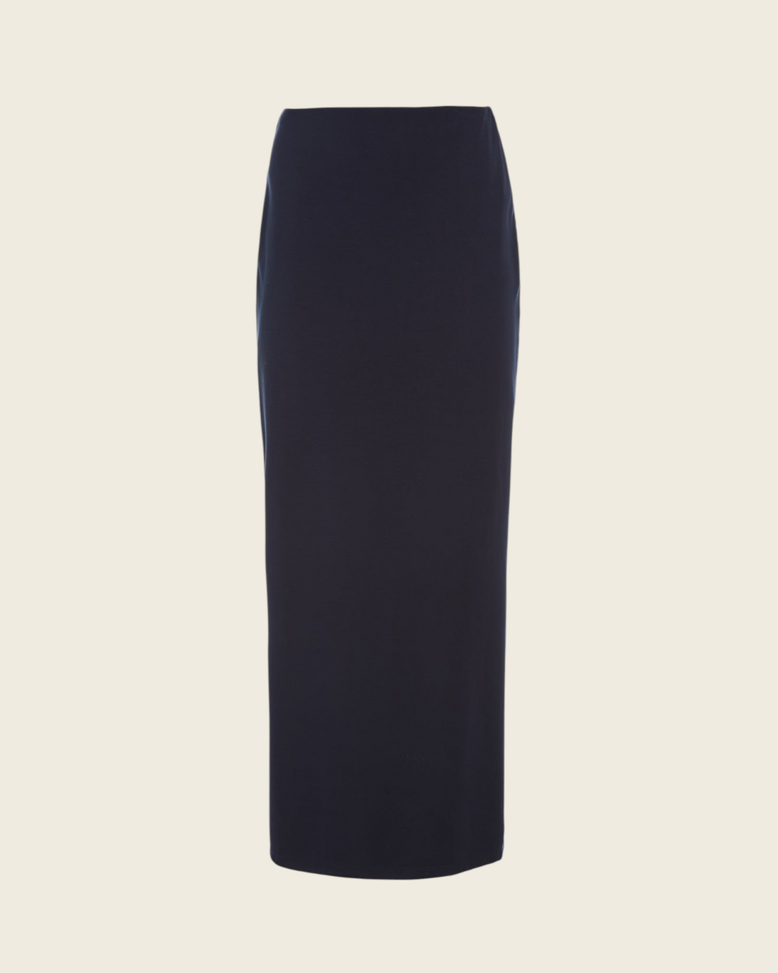 Weldun Ashley Skirt in black, a minimal pull-on column midi skirt made from soft, breathable stretch fabric.