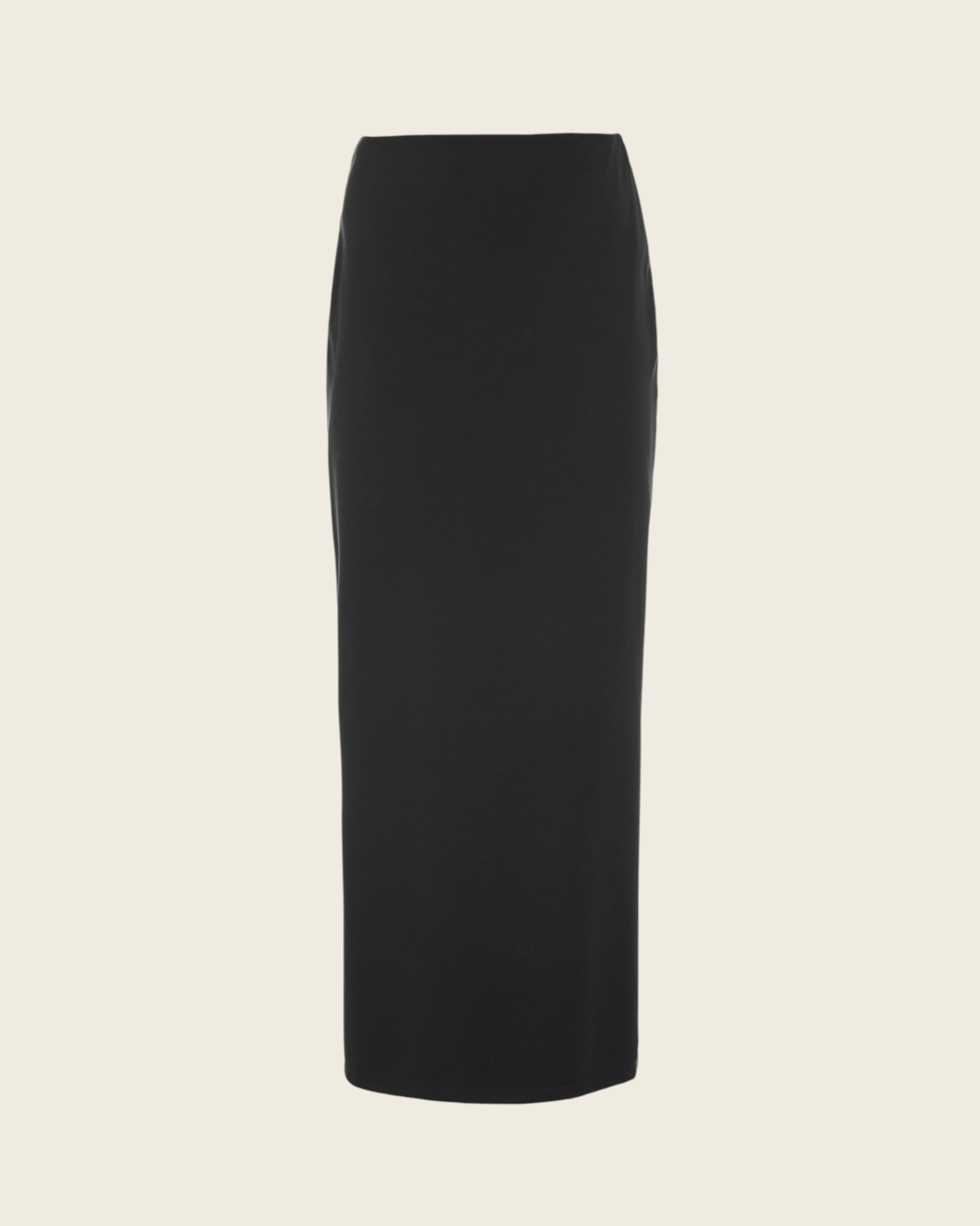 Weldun Ashley Skirt in black, a minimal column-silhouette pull-on skirt made from soft, breathable stretch fabric.