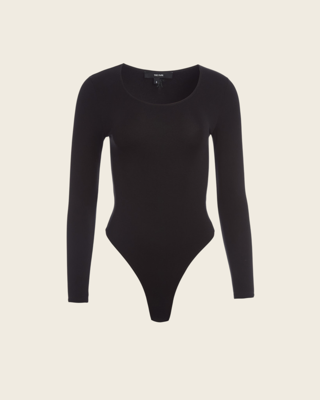 Weldun The Park Donna black long-sleeve bodysuit in soft stretch-knit with a scoop neckline and cheeky coverage