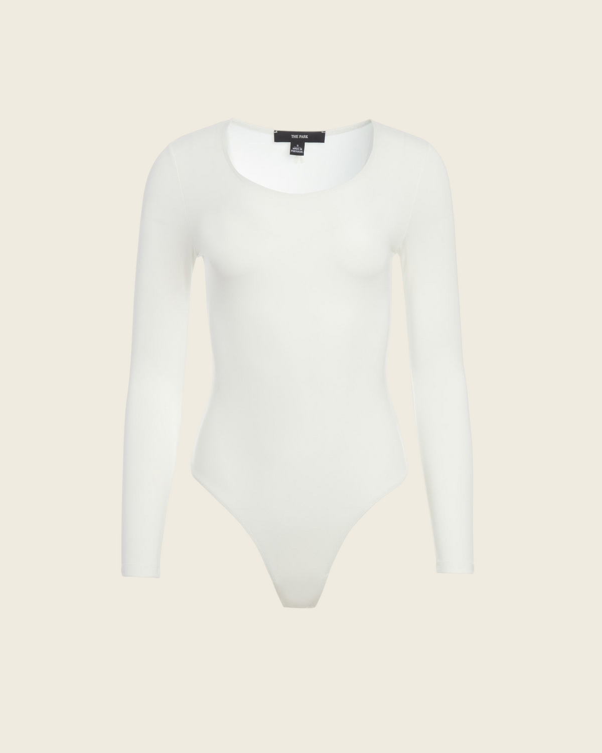 Weldun Donna long-sleeve bodysuit in off-white stretch-knit with a scoop neckline and minimalist pull-on design.