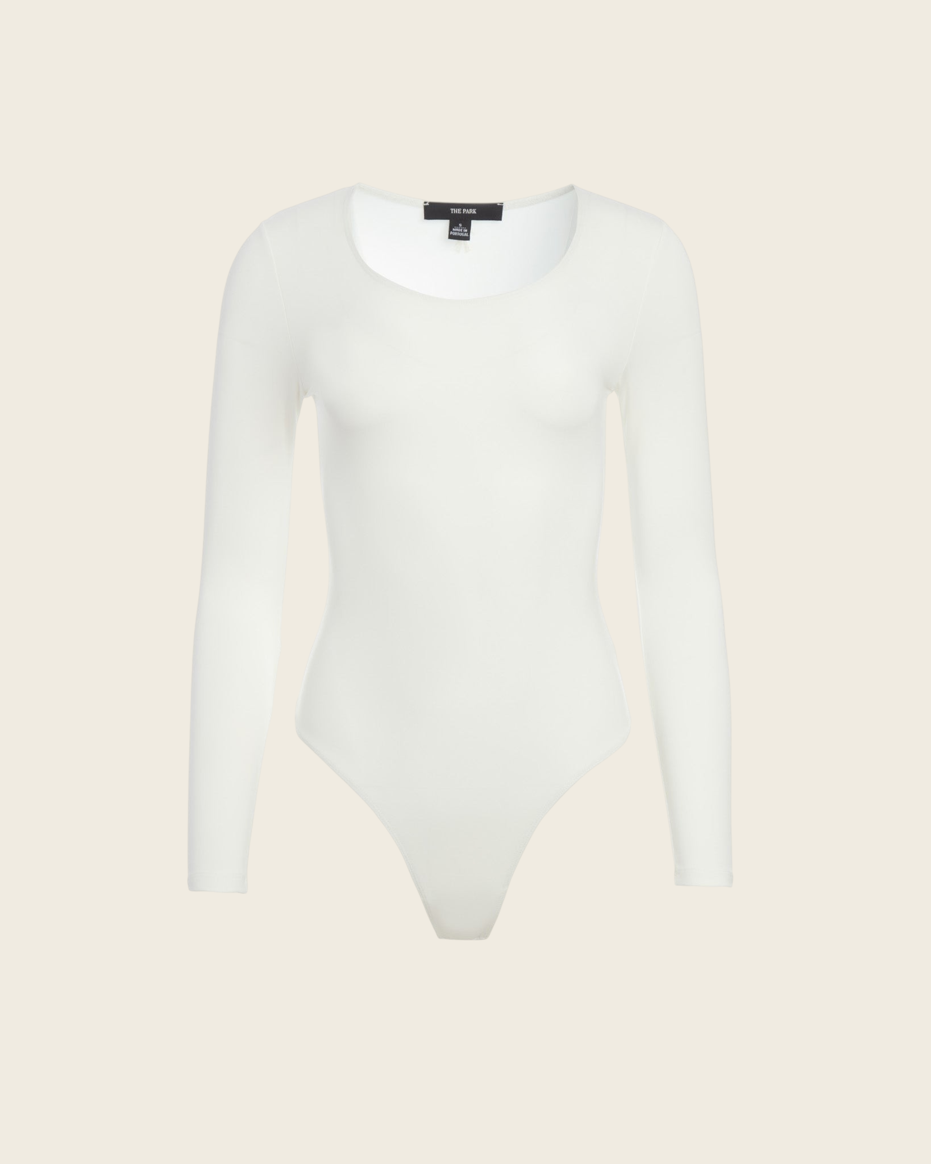 Weldun Donna long-sleeve bodysuit in off-white stretch-knit with a scoop neckline and minimalist pull-on design.
