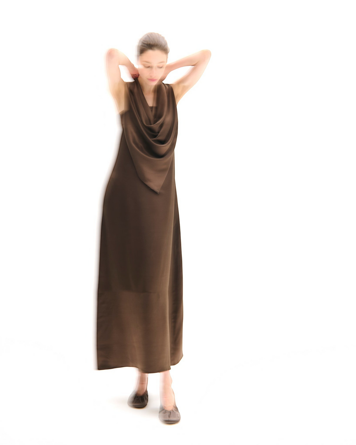 Weldun Edith Gown in brown silk satin with a draped cowl neckline and flowing maxi trapeze silhouette