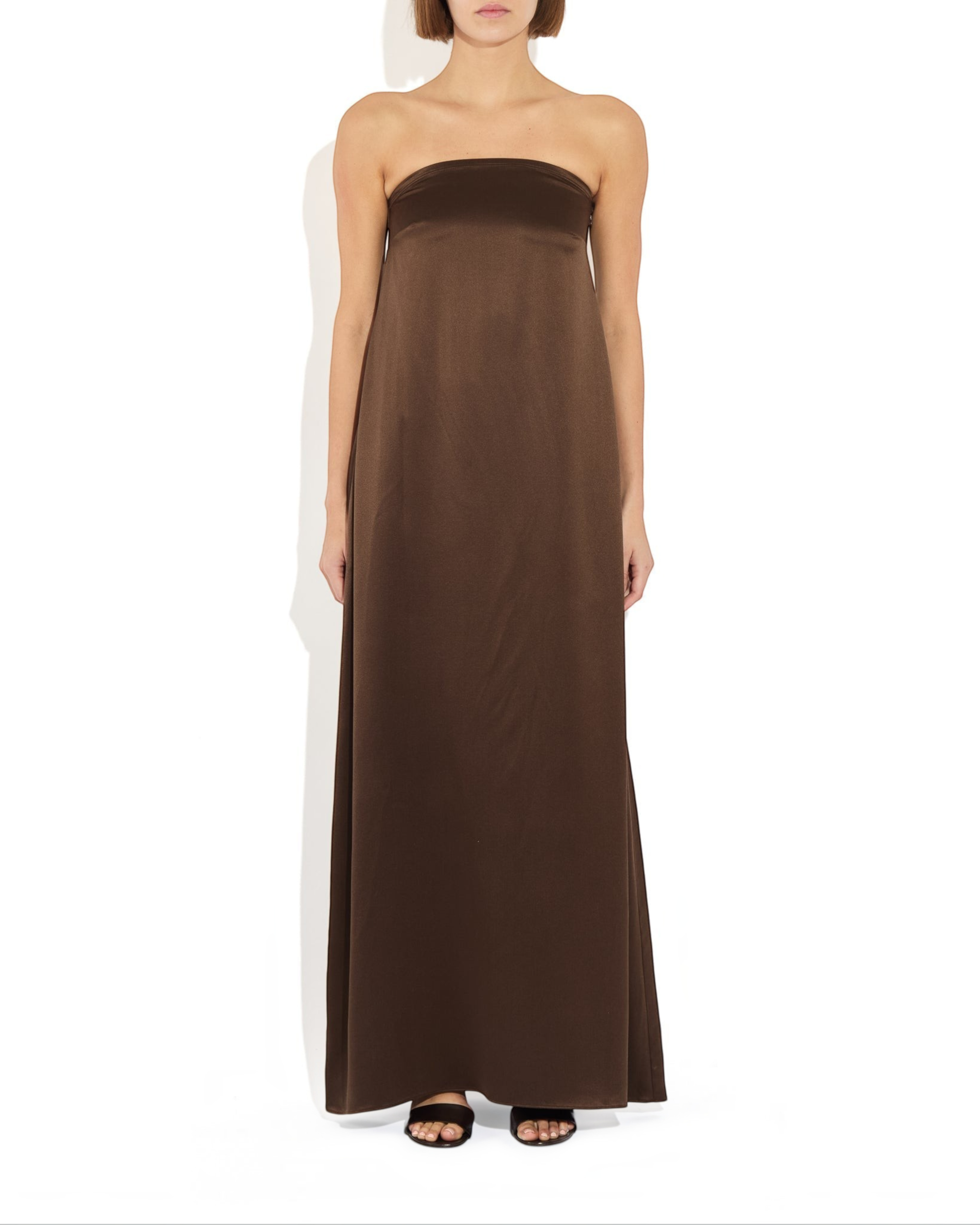 Weldun Edith Gown in dark brown silk satin, a strapless maxi-length trapeze dress with a fluid, elegant silhouette.