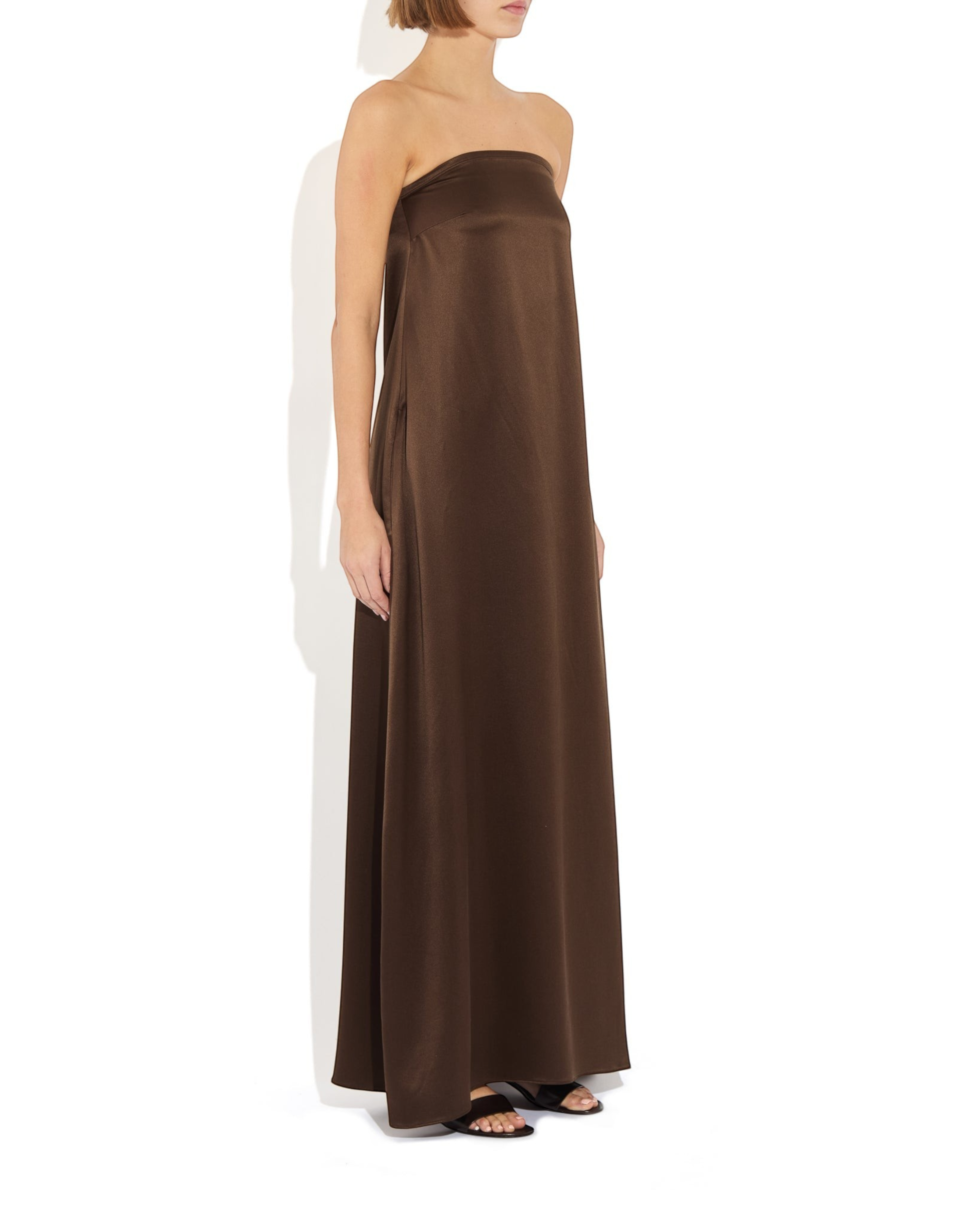Weldun Edith Gown in chocolate brown silk satin featuring a strapless trapeze silhouette and side seam pockets.