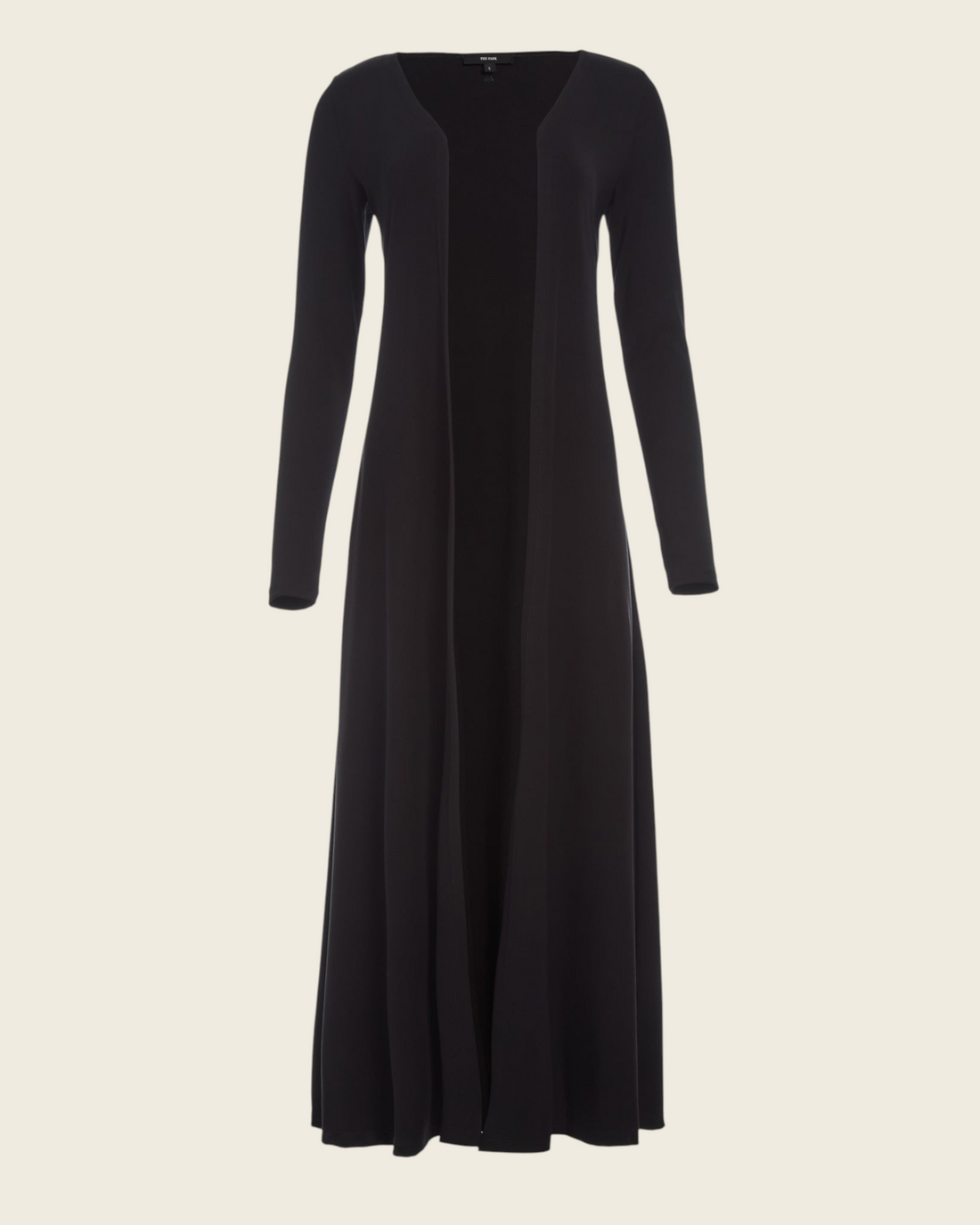 Weldun Julia long black open-front cardigan made from soft breathable PYRATEX Power 3 fabric