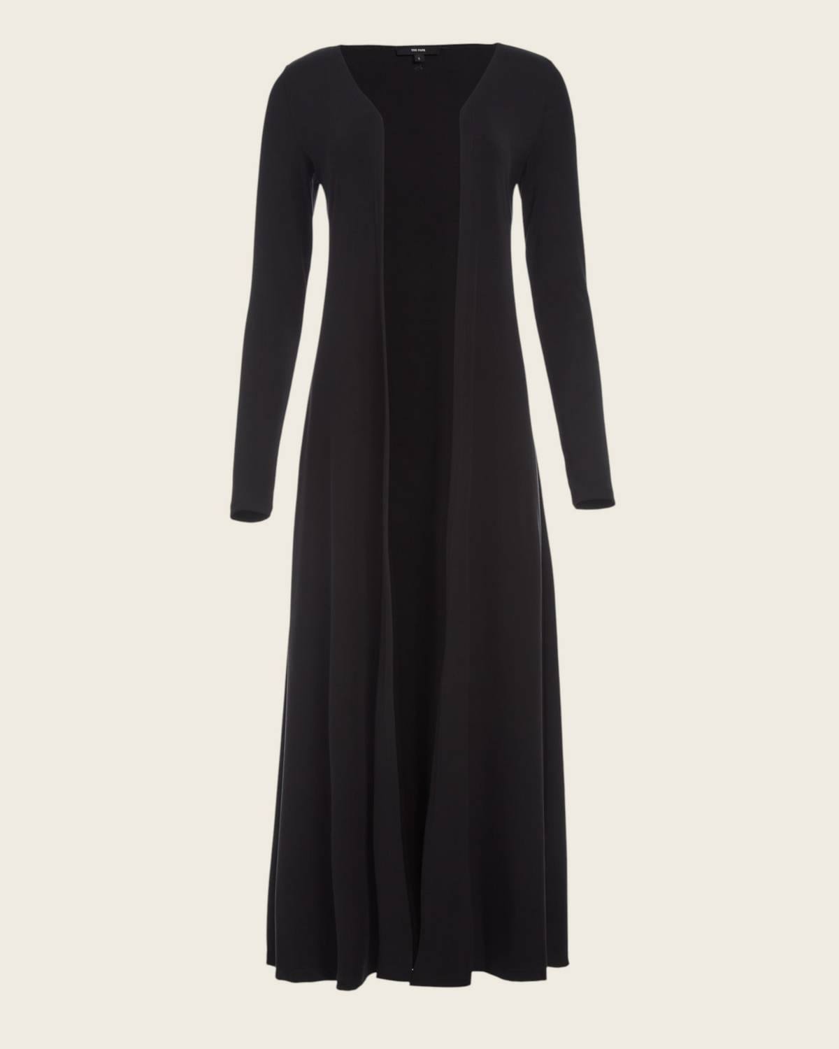 Weldun Julia long black open-front cardigan made from soft breathable PYRATEX Power 3 fabric