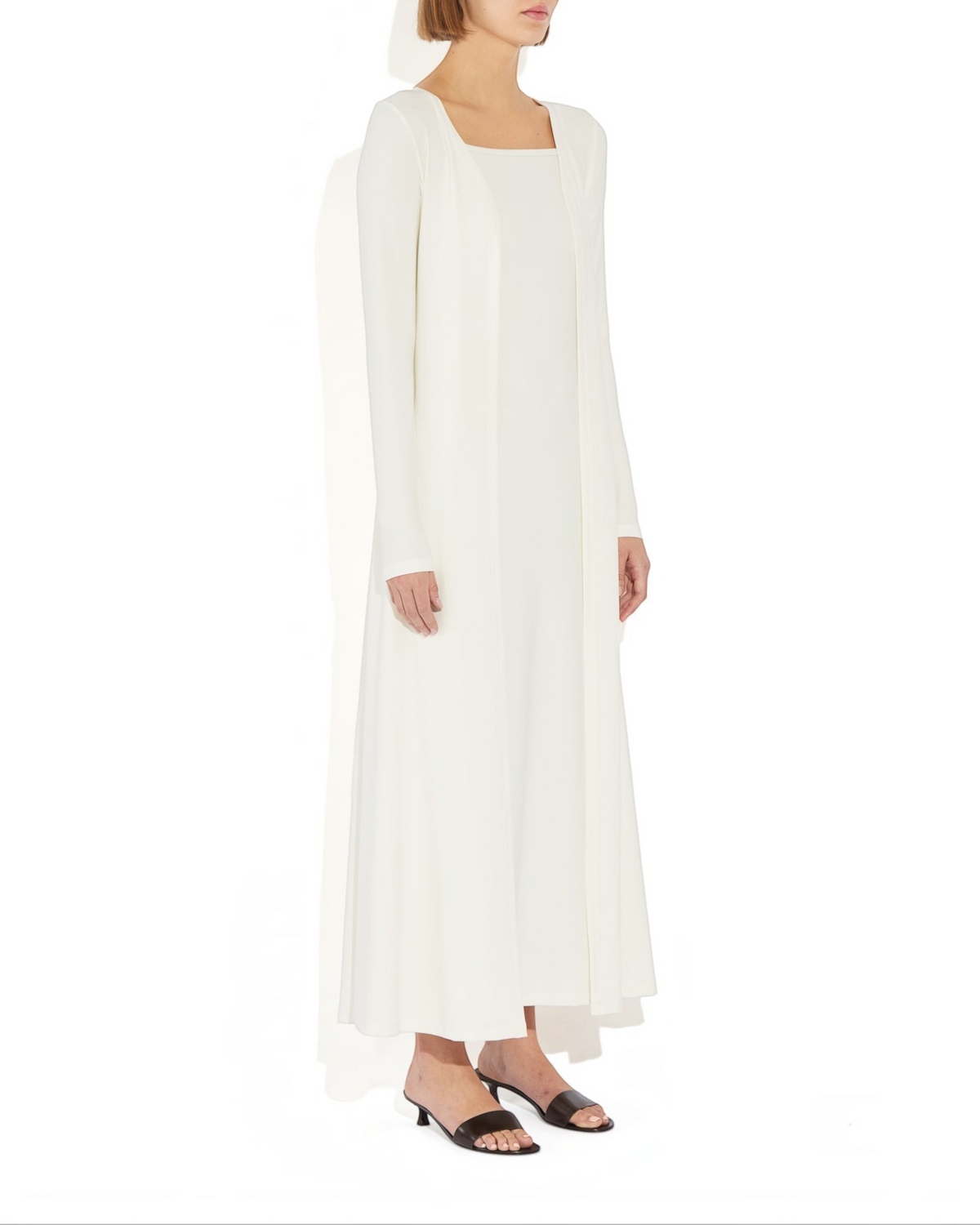 Weldun Julia long white open-front cardigan made from soft breathable MicroTencel fabric on a model