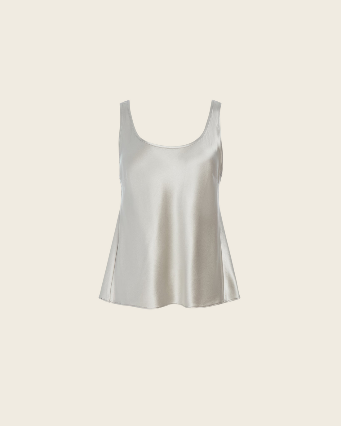Weldun Karen Tank in champagne stretch silk with a scooped neckline and fluid bias-cut drape.