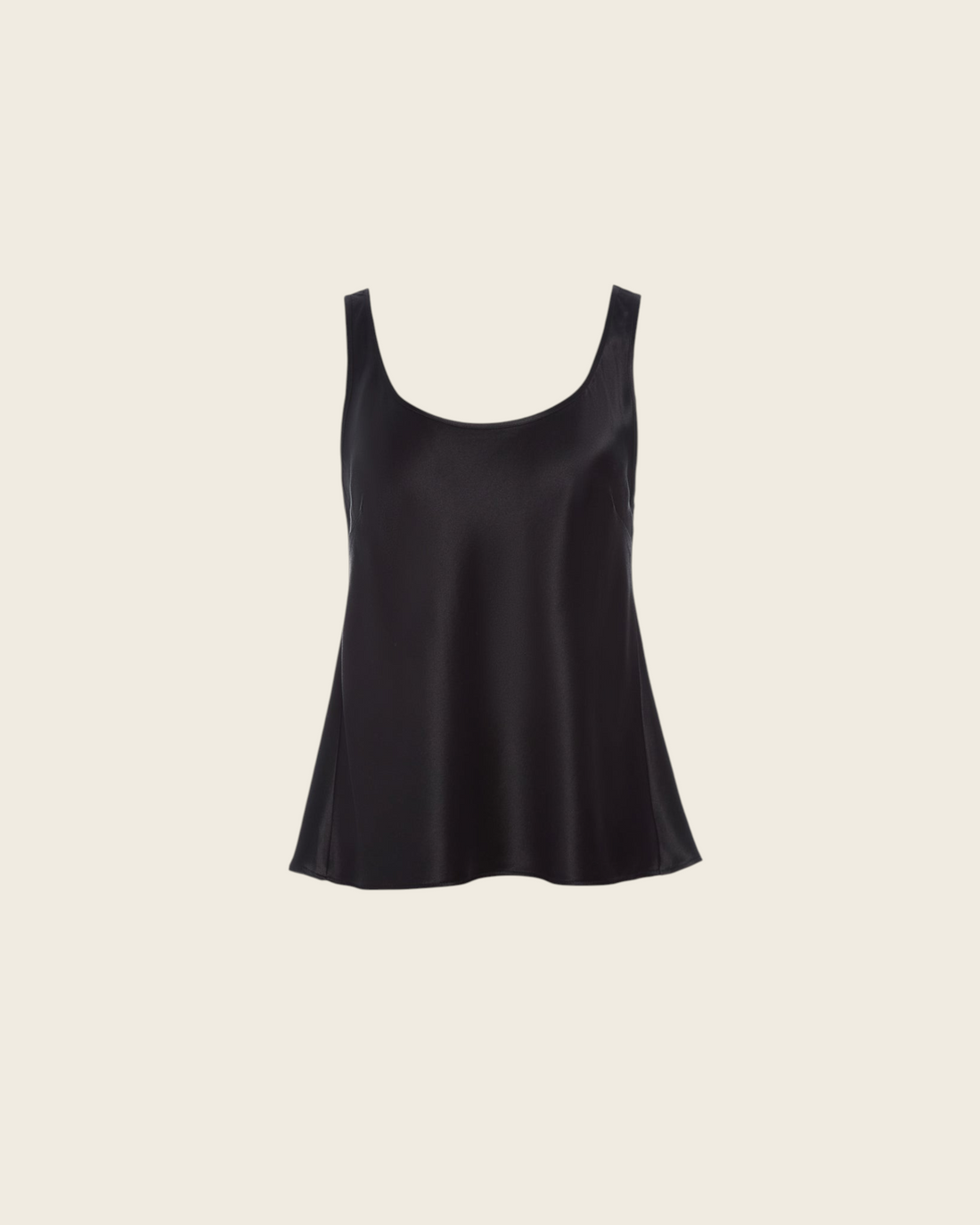 Weldun Karen Tank in black stretch mulberry silk with a scooped neckline and fluid bias-cut drape.