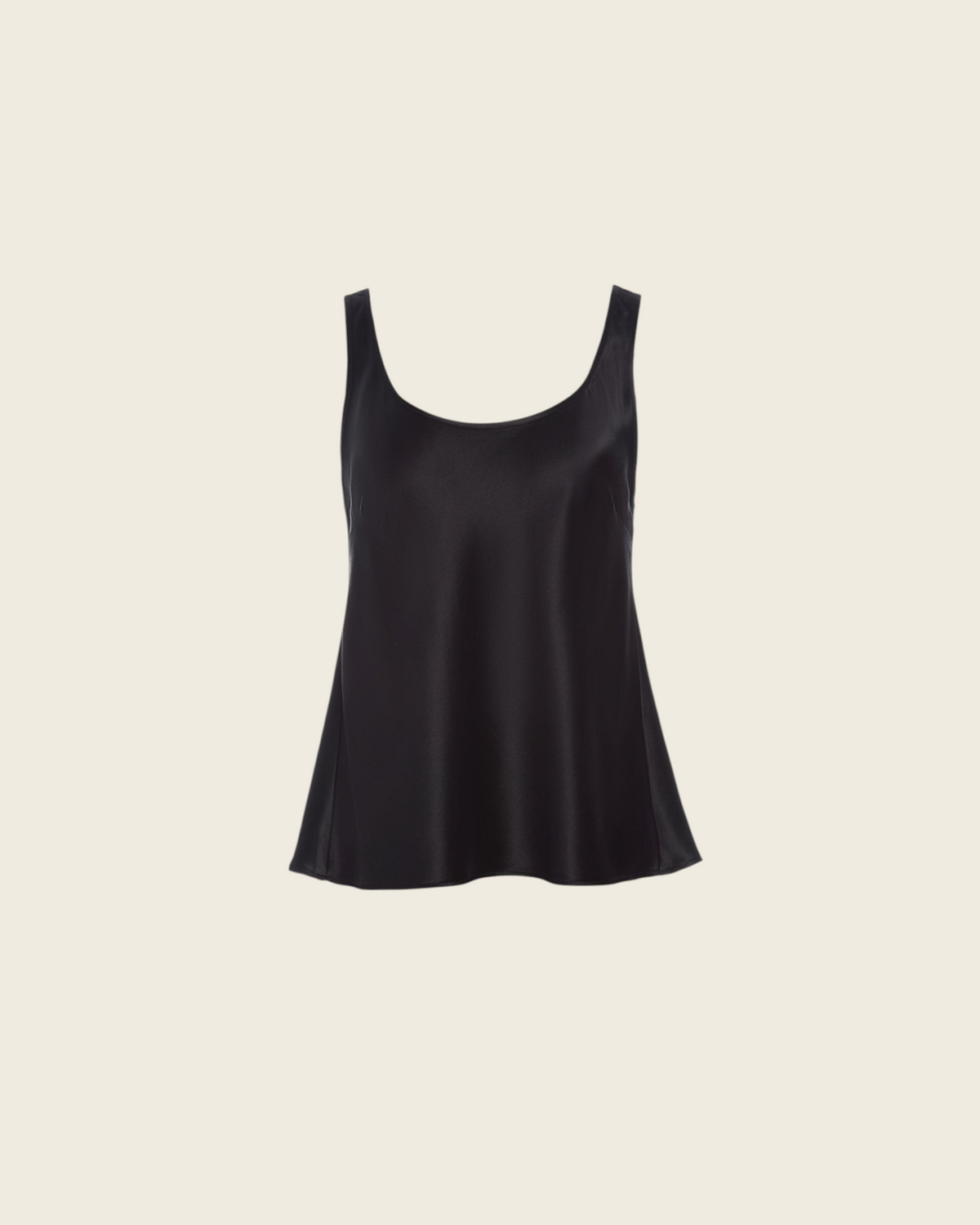 Weldun Karen Tank in black stretch mulberry silk with a scooped neckline and fluid bias-cut drape.