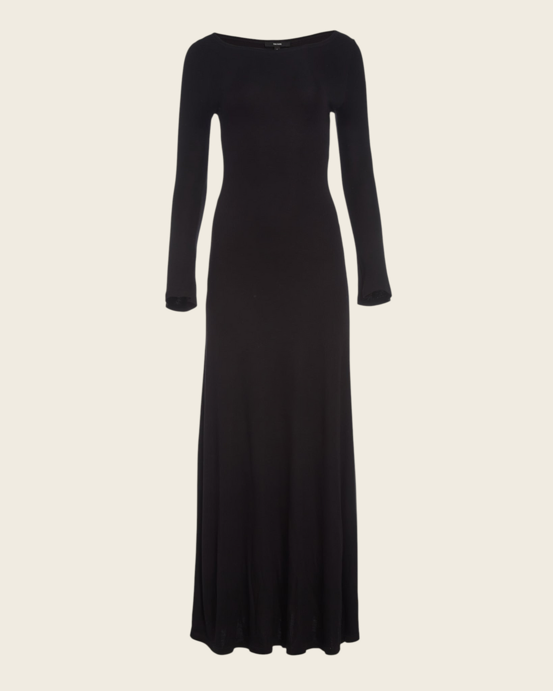 Weldun Lesley floor-length black jersey dress with a boat neckline and long bell sleeves in soft Circulose fabric.