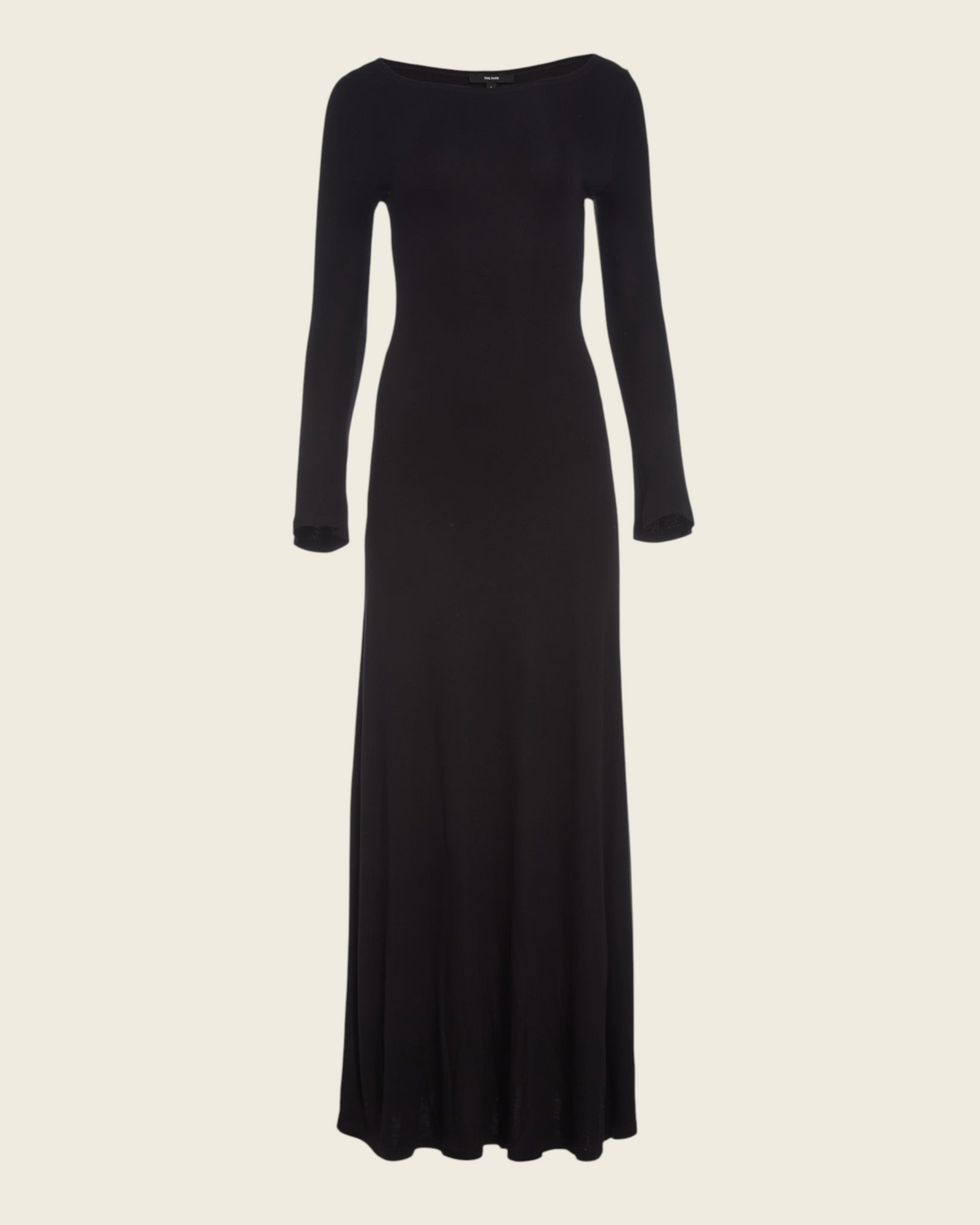 Weldun Lesley floor-length black jersey dress with a boat neckline and long bell sleeves in soft Circulose fabric.