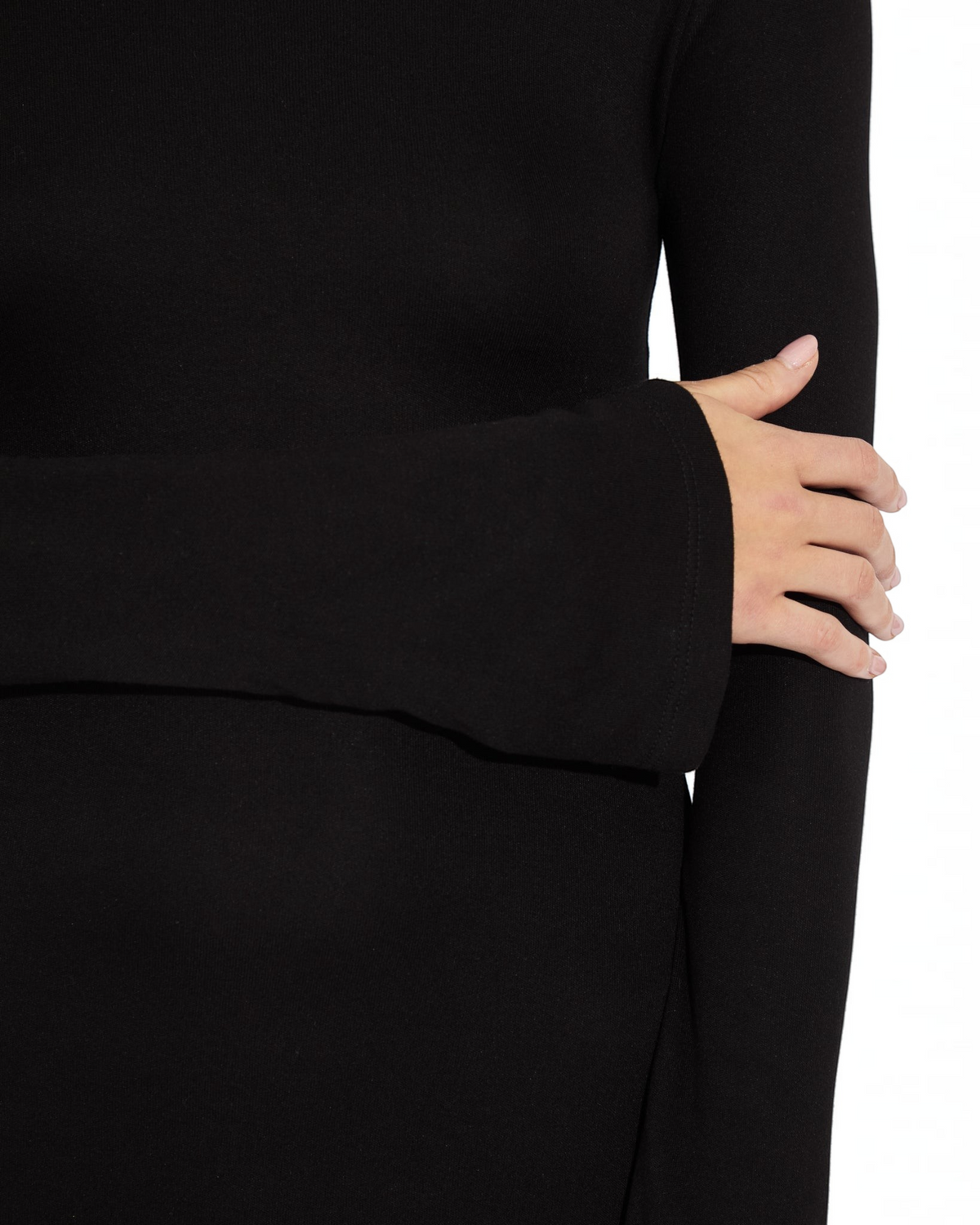 Weldun Lesley Dress in black Circulose jersey featuring a dramatic bell sleeve and soft, breathable fabric.