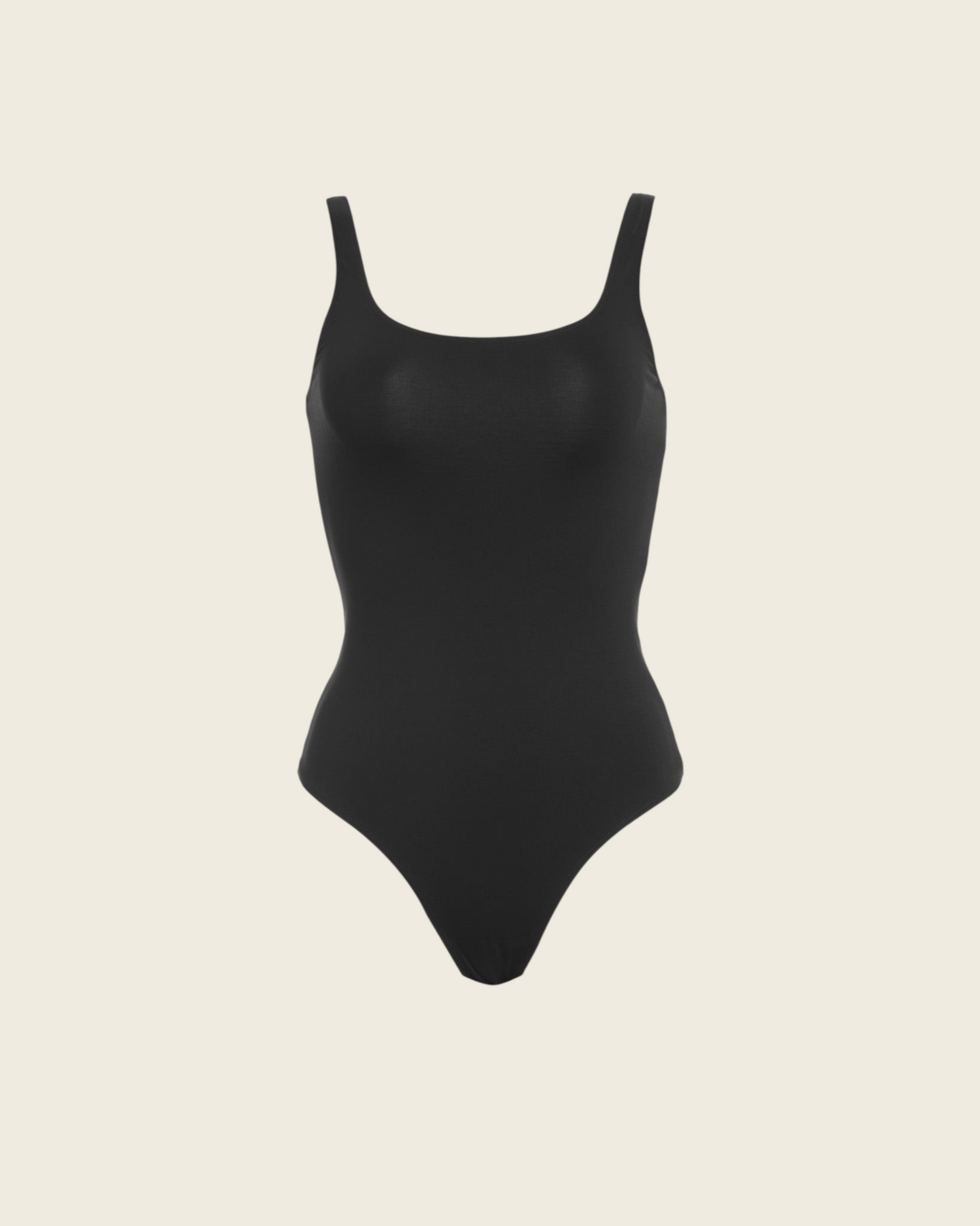 Weldun Lisa Bodysuit in black featuring a scoop neckline, supportive tank straps, and a sleek, compressive silhouette.