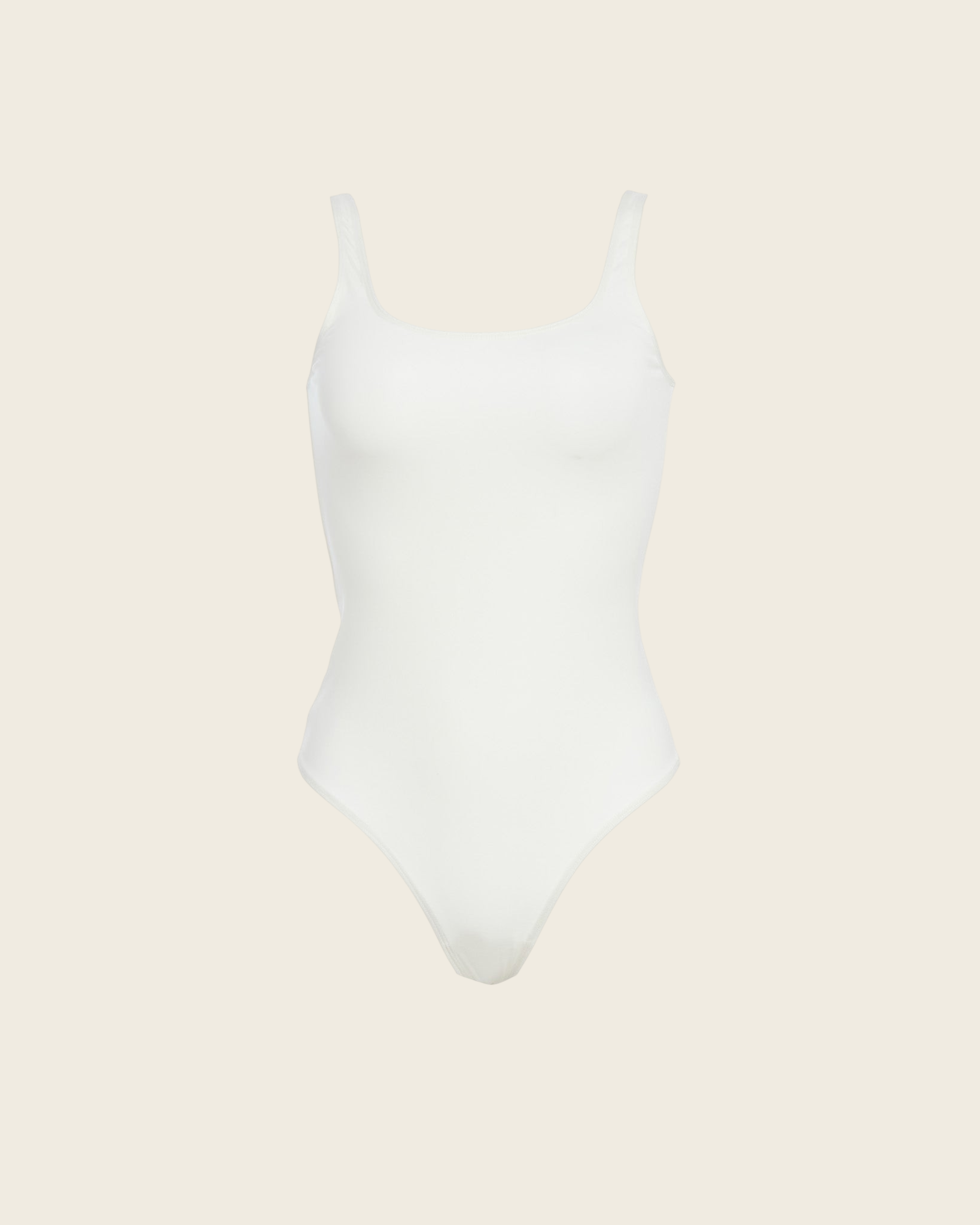 Weldun Lisa Bodysuit in white featuring a scoop neckline, medium straps, and supportive breathable fabric.