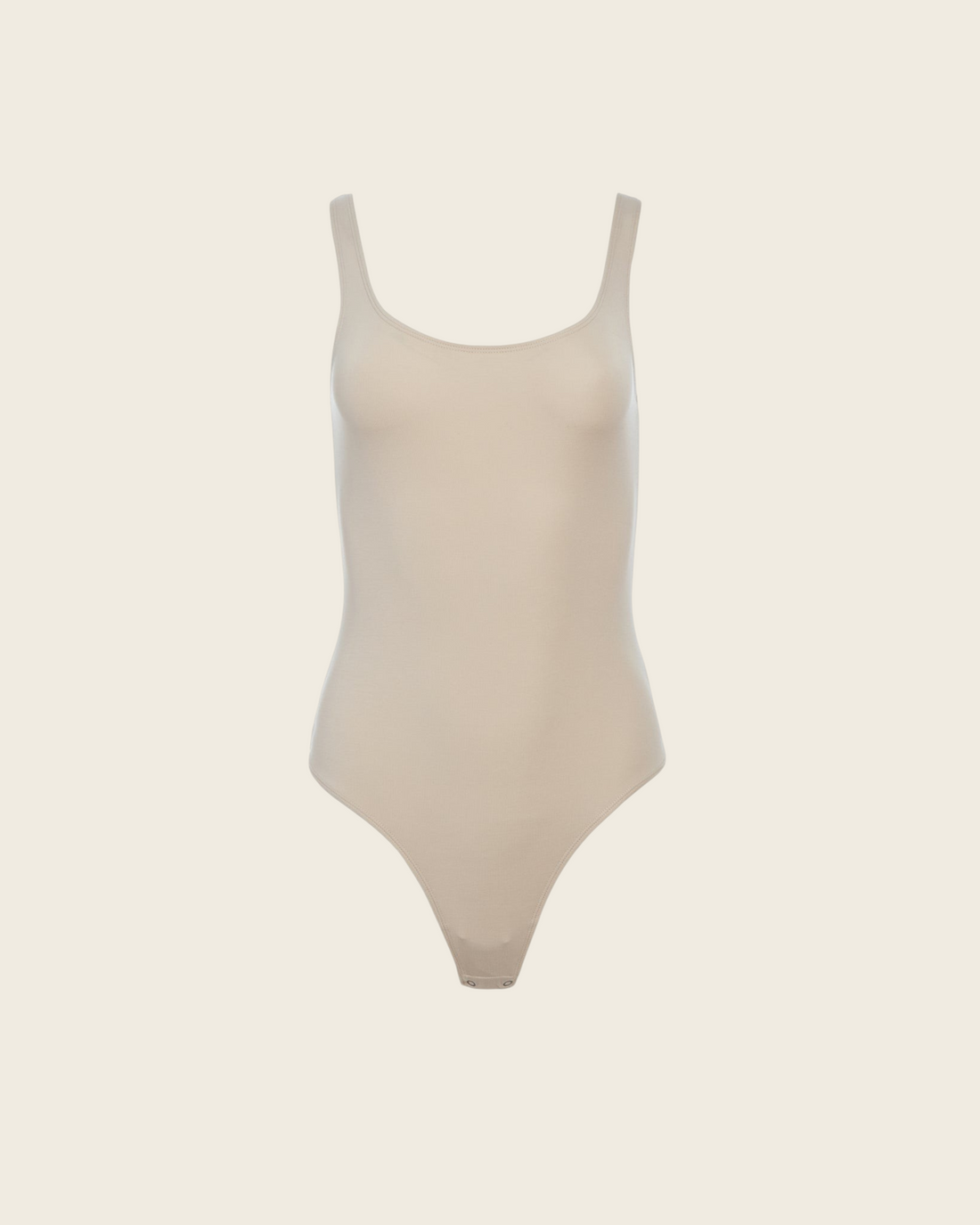 Weldun Lisa tank bodysuit in beige featuring a scoop neckline, supportive compressive fabric, and cheeky bottom cut.